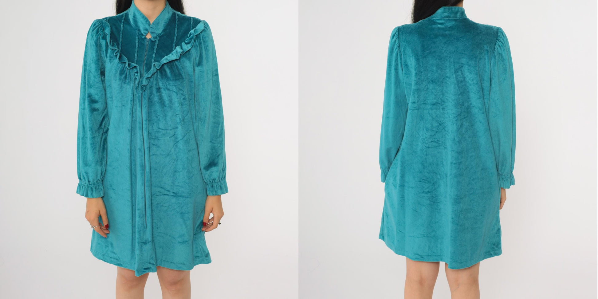 80s Lara Dee Velour Lounge Dress Teal Ruffled Yoke Zip Puff Sleeve Mini Medium