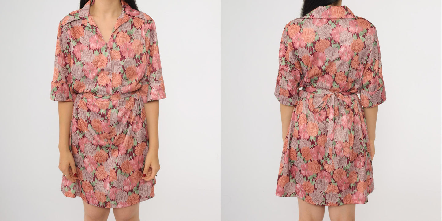 70s Pink Floral Shift Mini Dress Button-Up Half Sleeve Tie Belt Extra Large