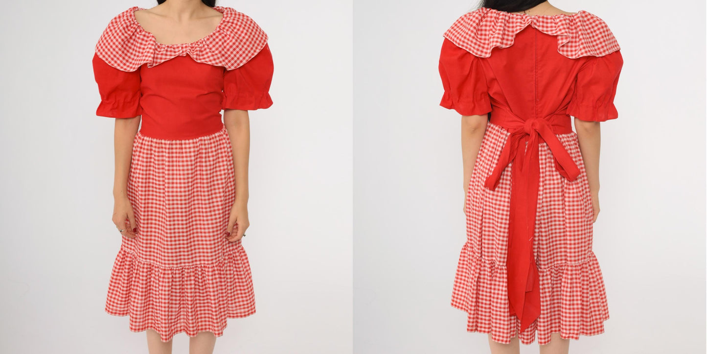 70s Red Gingham Prairie Dress Puff Sleeve Midi High Waist Medium Large