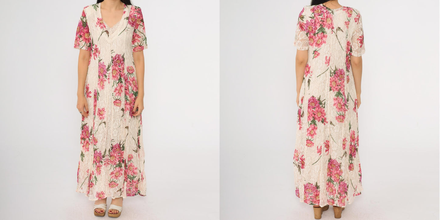 90s Nostalgia Ivory Lace Maxi Dress Pink Floral V-Neck Short Sleeve Small S