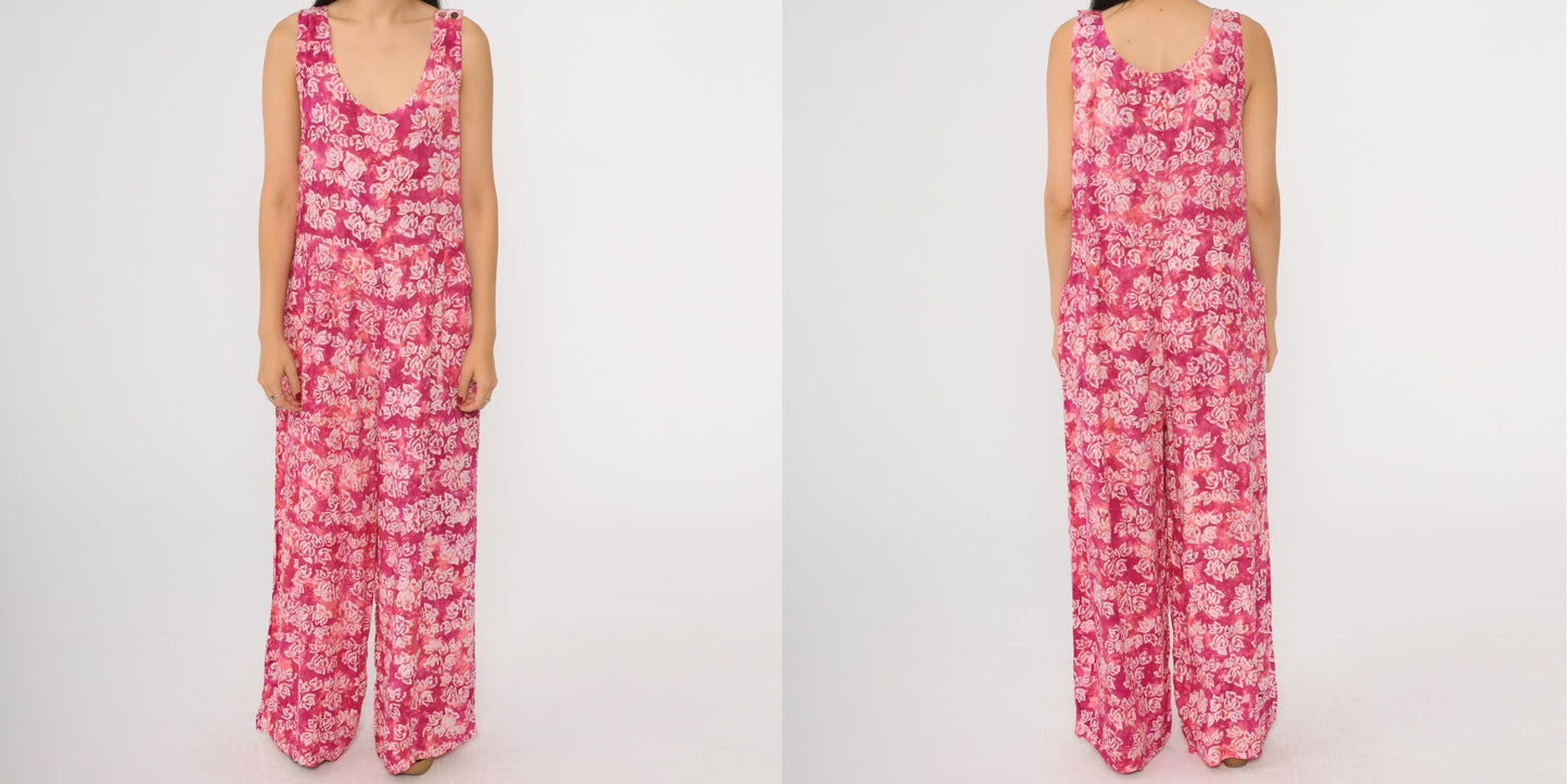 90s April Cornell Pink Tie Dye Floral Wide Leg Jumpsuit Scoop Neck Medium M