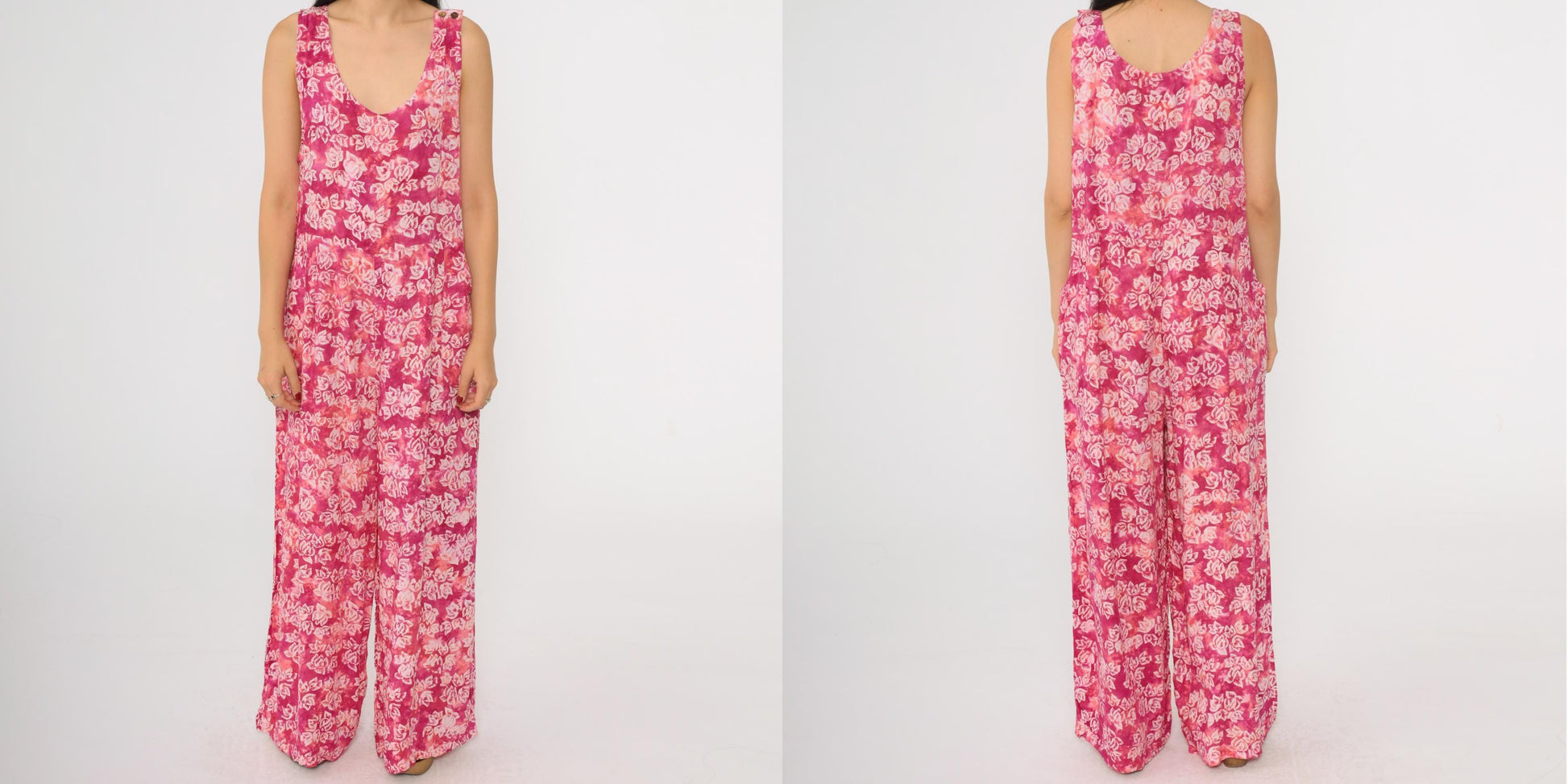 90s April Cornell Pink Tie Dye Floral Wide Leg Jumpsuit Scoop Neck Medium M