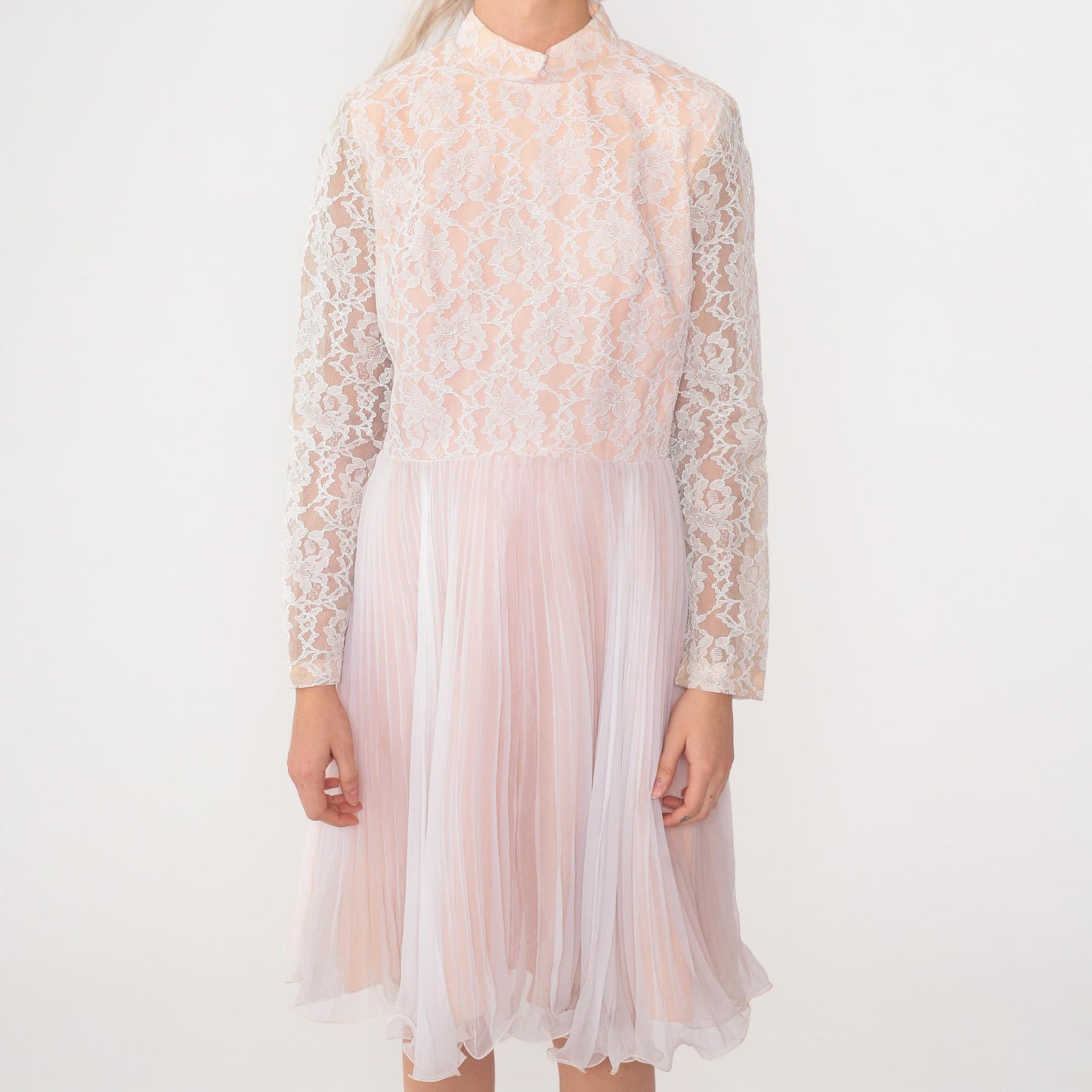 60s White Lace Chiffon Midi Dress Long Sleeve High Waist Mock Neck Medium M
