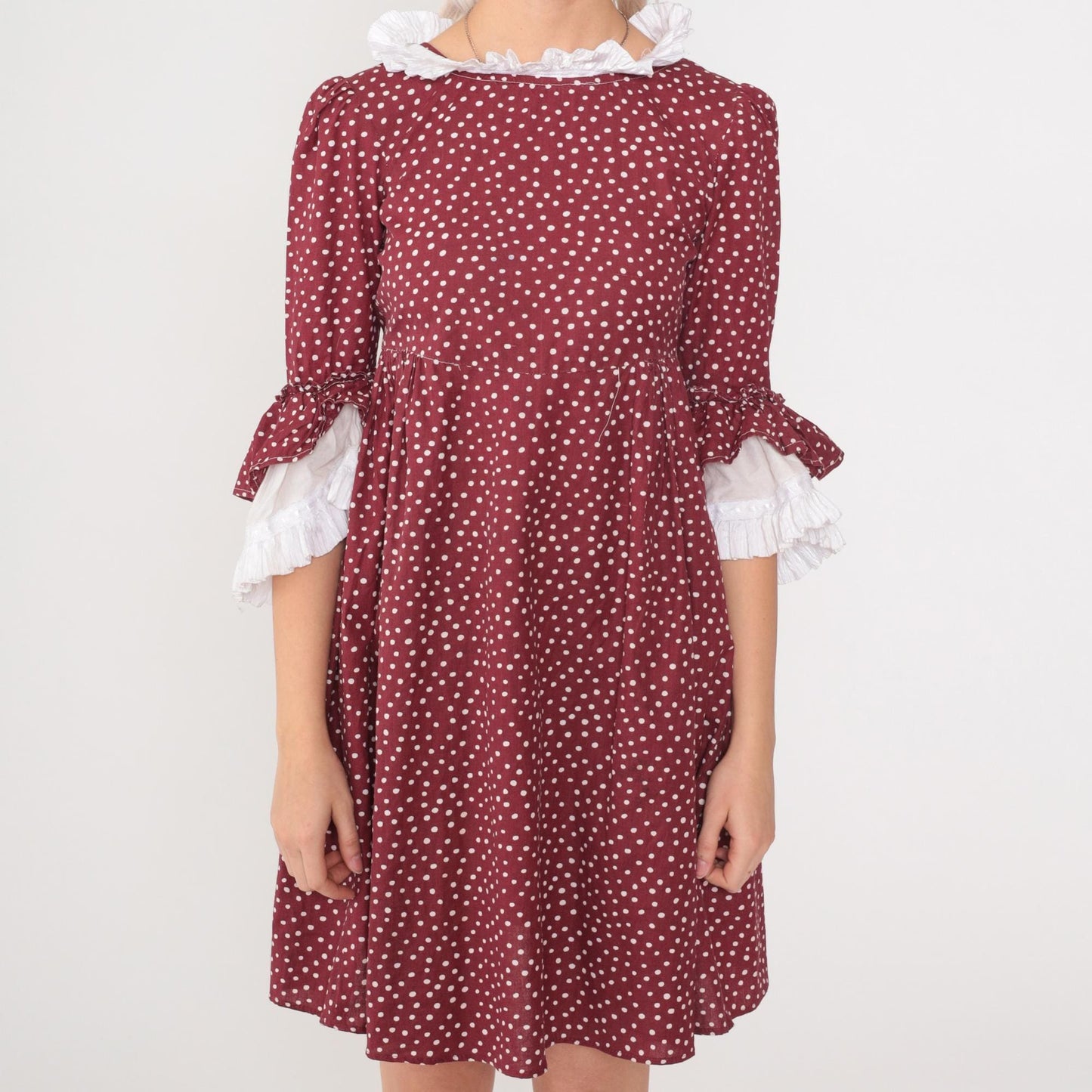 70s Burgundy Polka Dot Prairie Dress Puff Sleeve Ruffle Collar Mini Cotton Extra Small