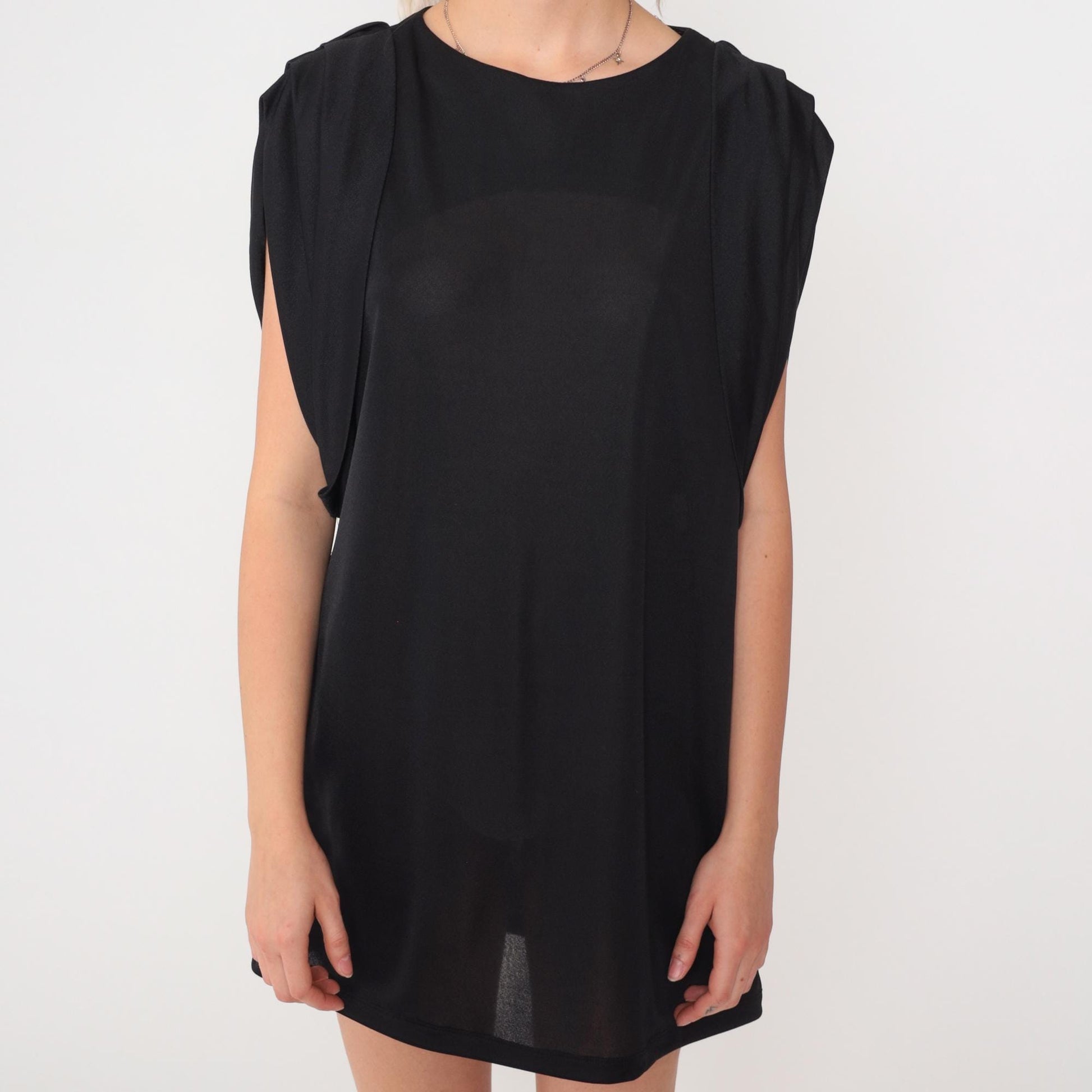 80s Patra Black Mini Shift Dress Cap Sleeve Keyhole Back Medium M