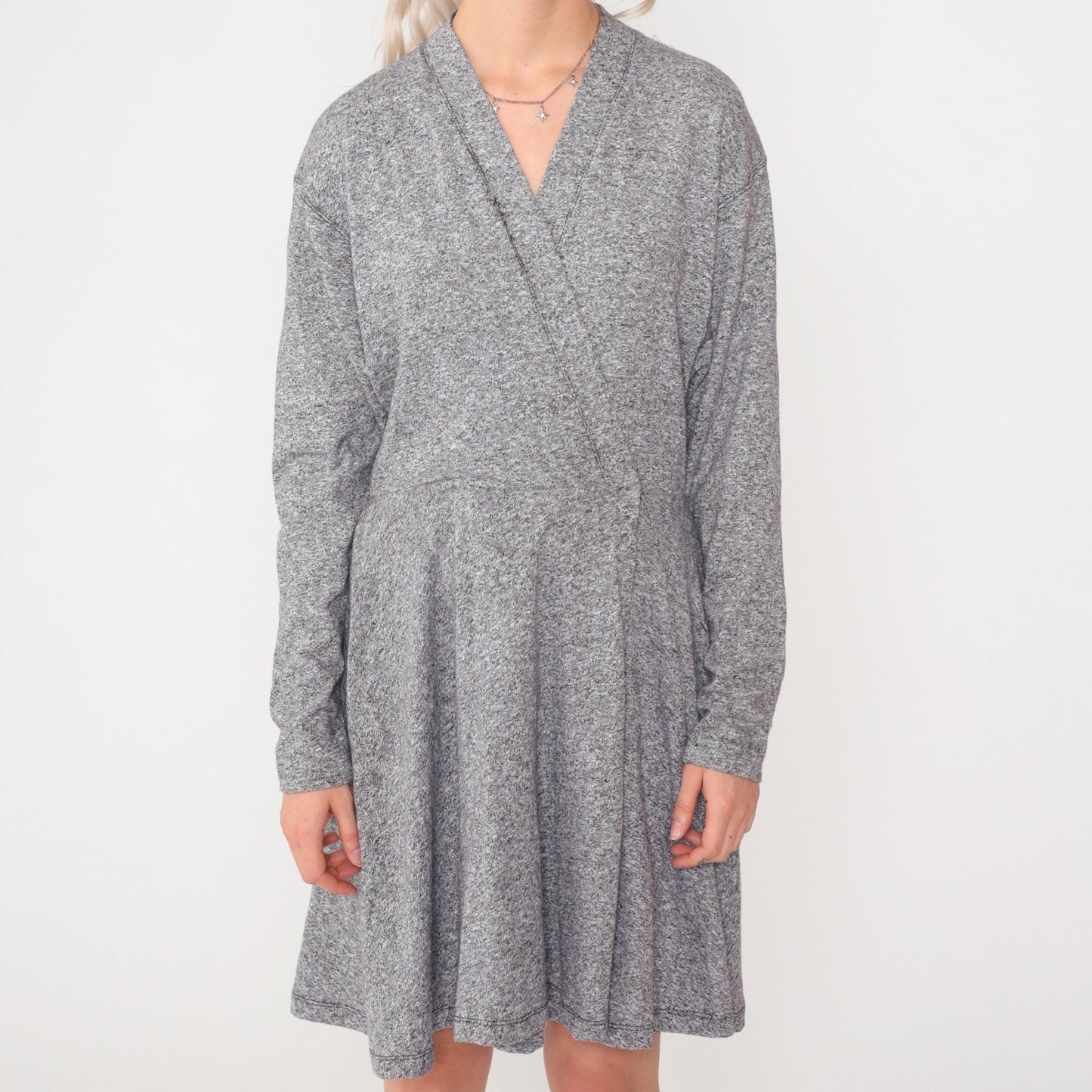80s Grey Mini Wrap Dress V-Neck Dropped Armhole Long Sleeve Small
