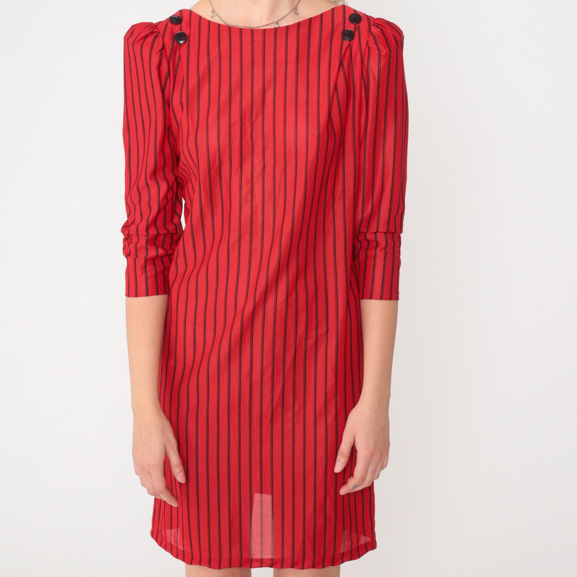 80s Red & Black Striped Mini Dress Puff Sleeve Button Back Small S