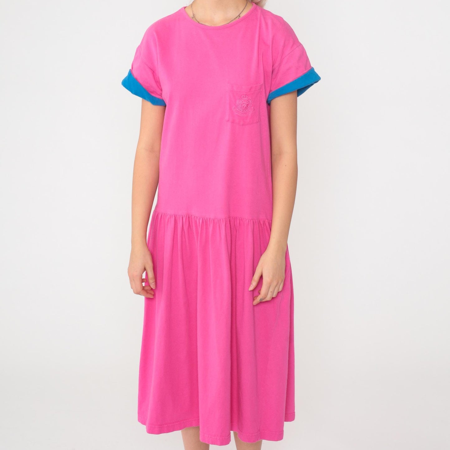 90s Jones Wear Fuchsia T-Shirt Dress Cotton Chest Pocket Drop Waist Midi Medium