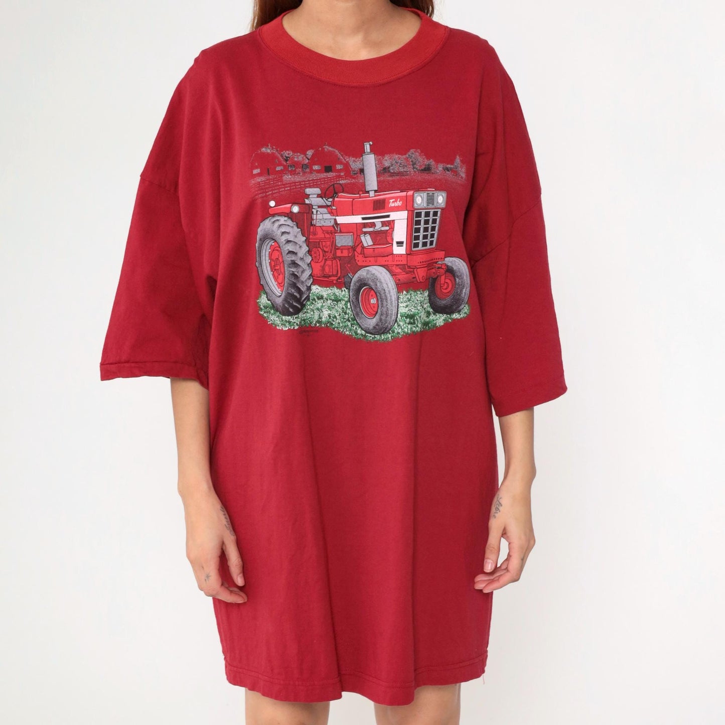 90s Red Tractor Farm Graphic T-Shirt Dress Cotton Crewneck Plus Size XXL