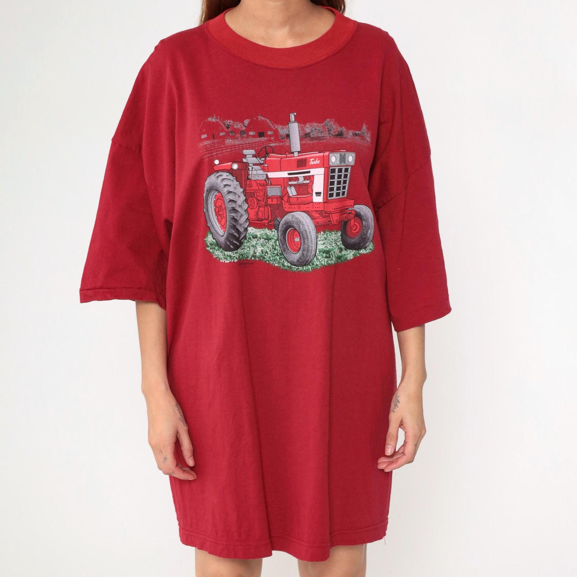 90s Red Tractor Farm Graphic T-Shirt Dress Cotton Crewneck Plus Size XXL