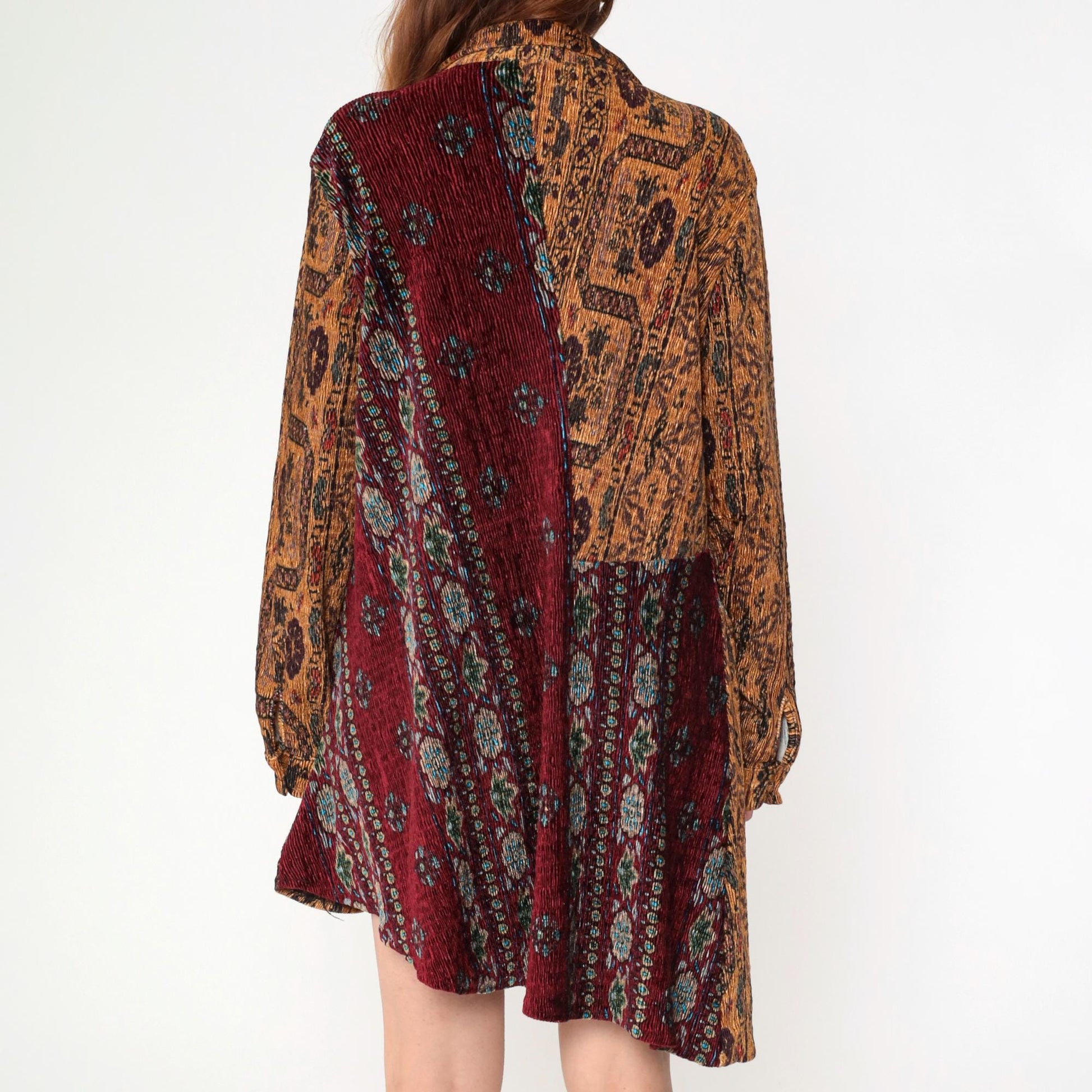 90s Paris Hues Floral Crinkle Mini Dress Burgundy Brown Asymmetrical Hem Medium Large