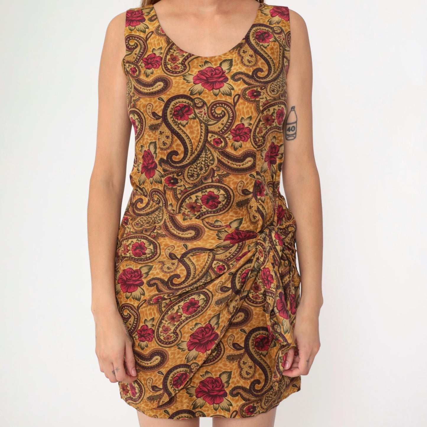 90s Forenza Silk Mini Dress Gold Floral Paisley Wrap Waist Sleeveless Medium
