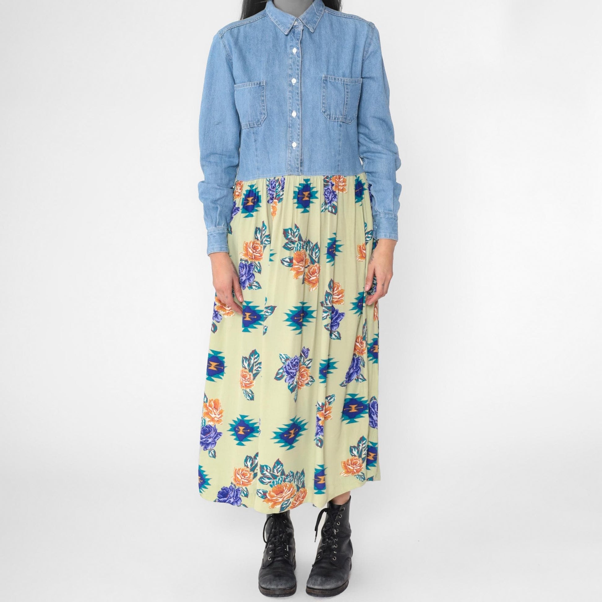 90s Floral Denim Maxi Dress Blue Chambray Southwest Button-Up Small