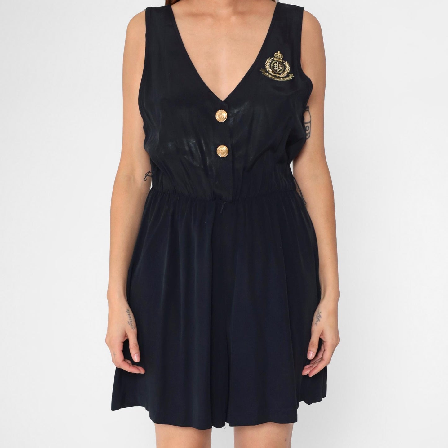 90s Nautical Crest Black Sleeveless Romper Gold Embroidered Deep V Small Medium