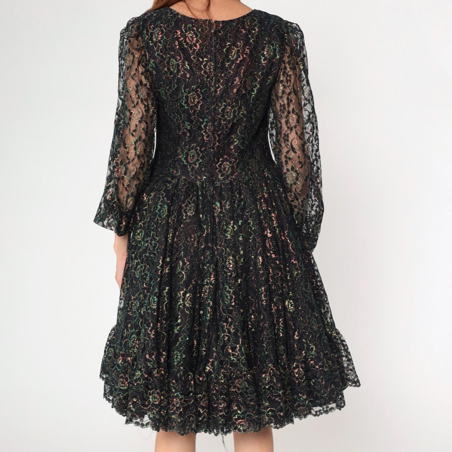 1960s Black Iridescent Lace Dress Sheer Sleeves High Waist Knee Length Medium M