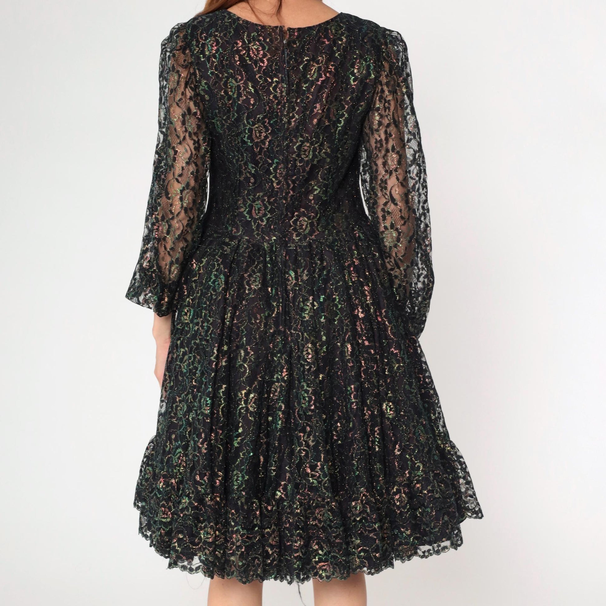 1960s Black Iridescent Lace Dress Sheer Sleeves High Waist Knee Length Medium M