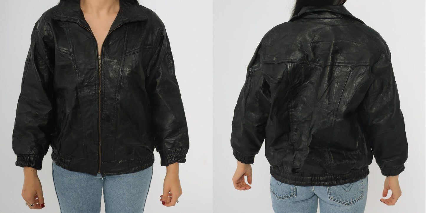 90s Elias de Soto Black Patchwork Leather Bomber Jacket Women's Large