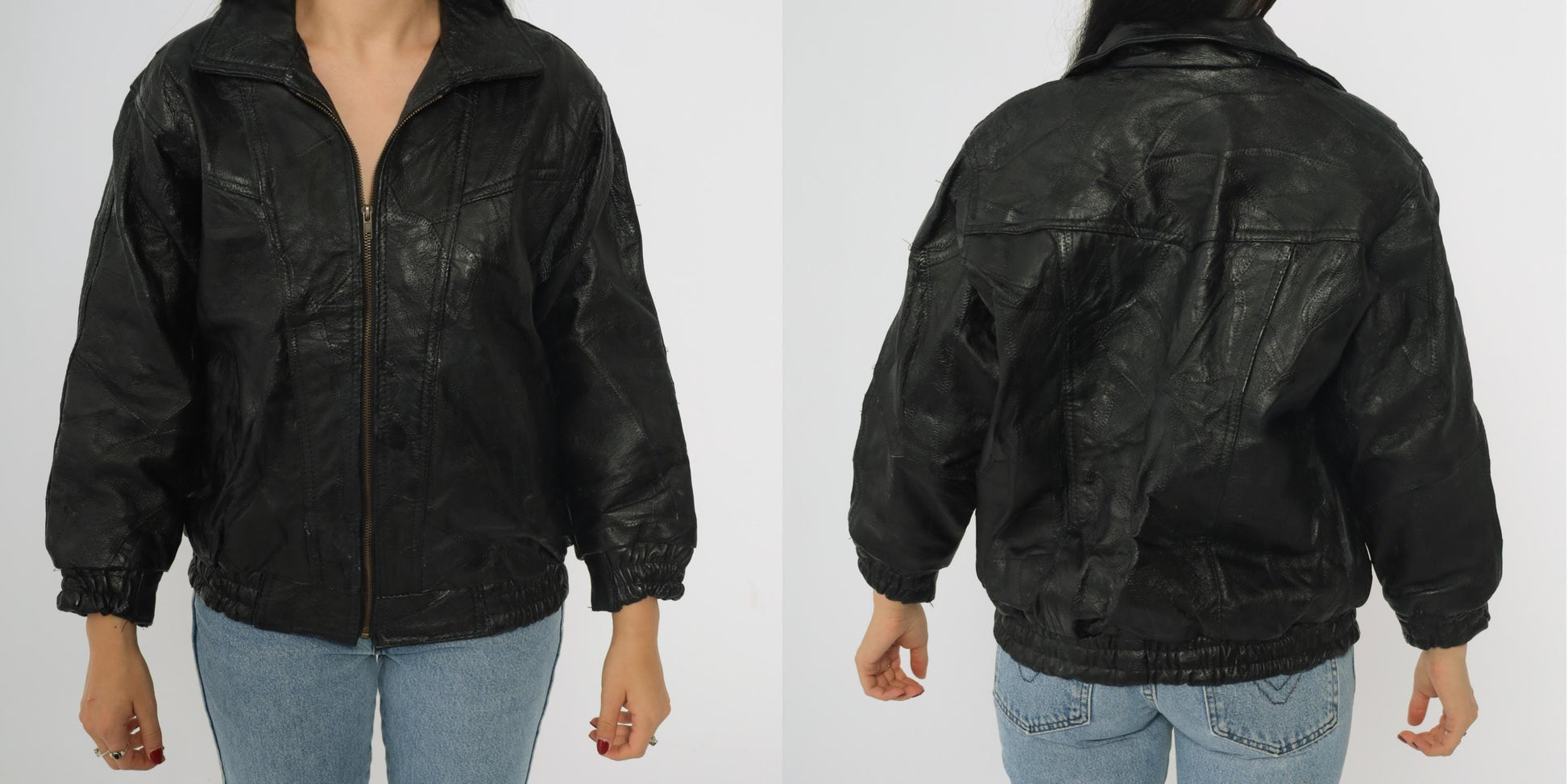 90s Elias de Soto Black Patchwork Leather Bomber Jacket Women's Large