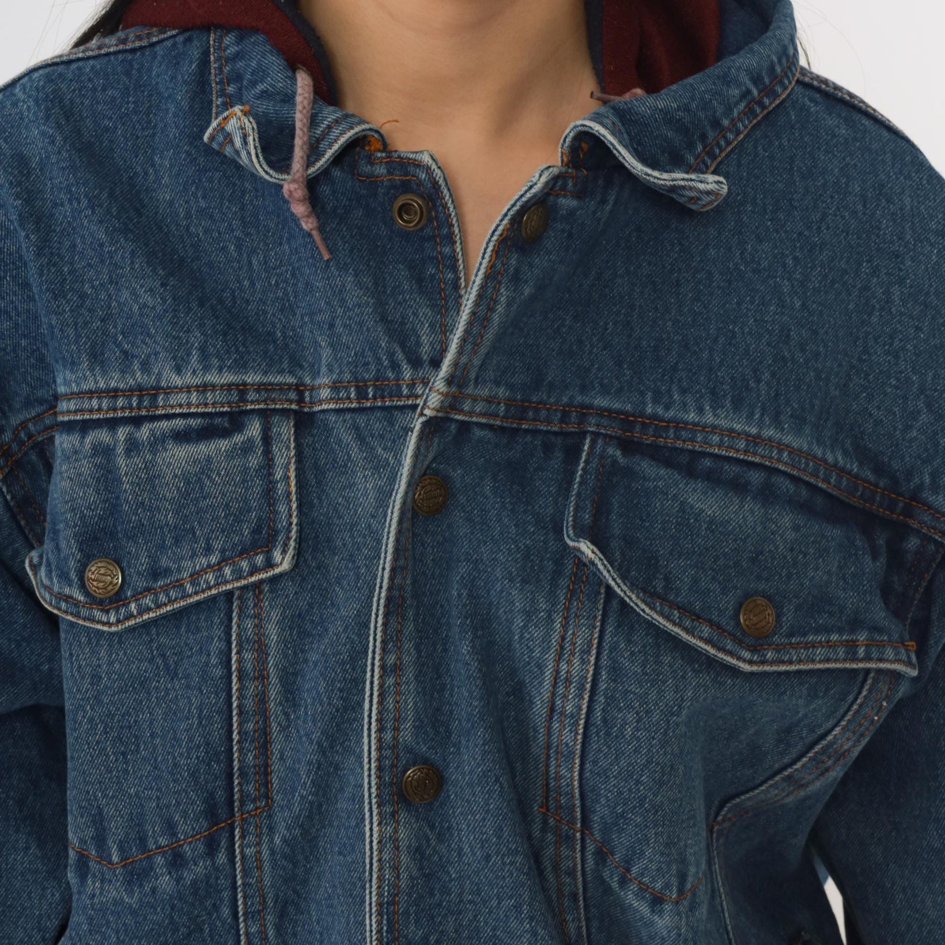 90s Eagles Ridge Outfitters Hooded Denim Jacket Blue Burgundy Medium