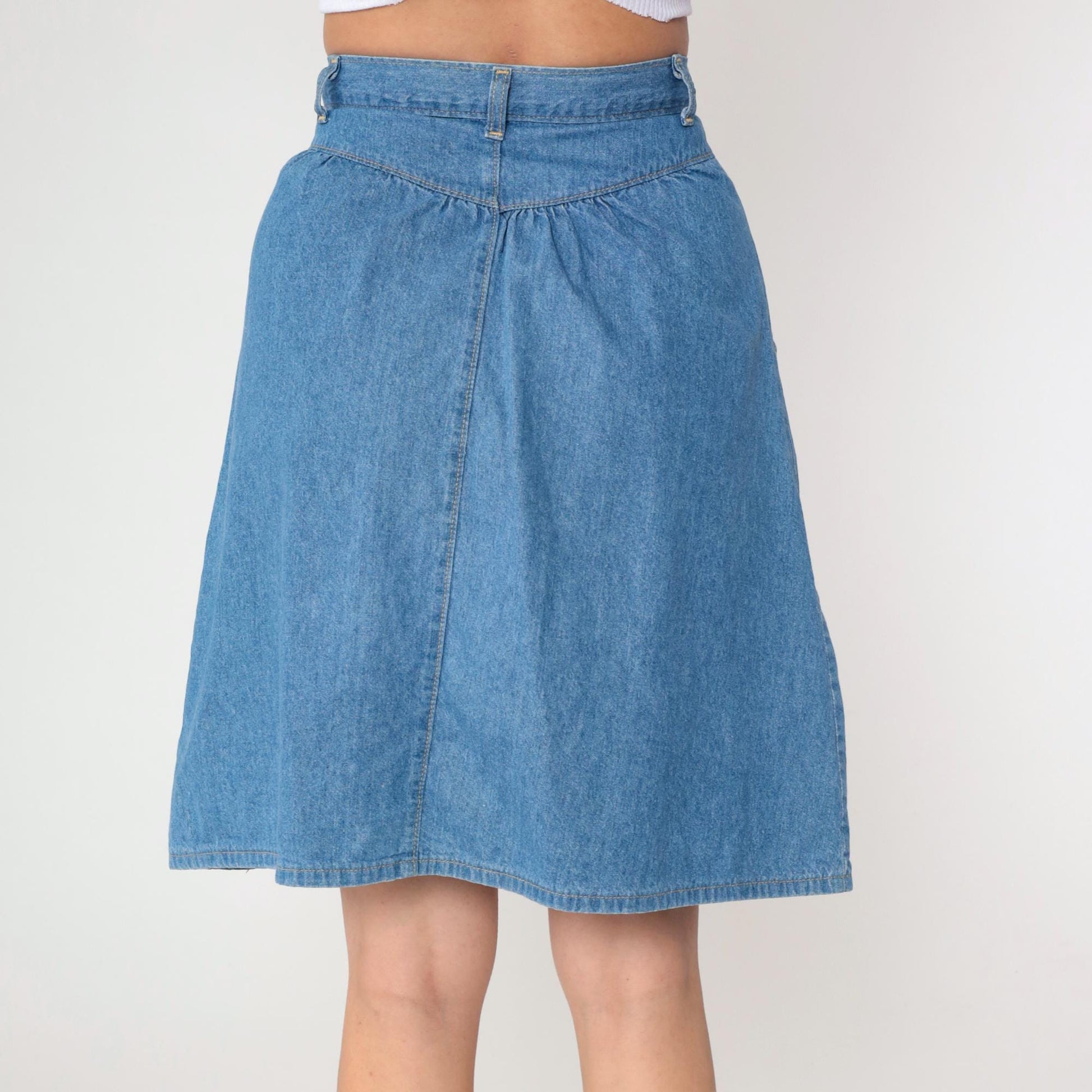 80s Western Denim Mini Skirt High Waist Gathered Yoke Blue Small S