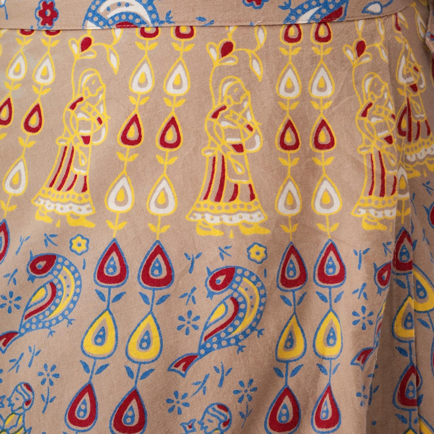 90s Indian Wrap Skirt Camel Floral Print Midi Cotton Small-Large