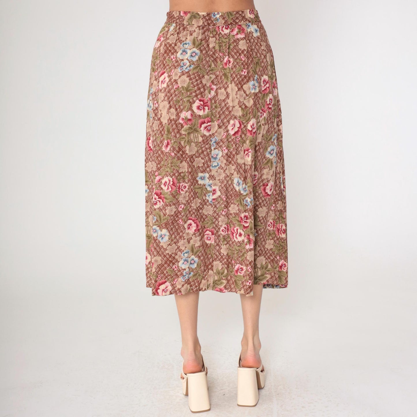 90s Sag Harbor Floral Midi Skirt Brown Checkered Button Front Medium M