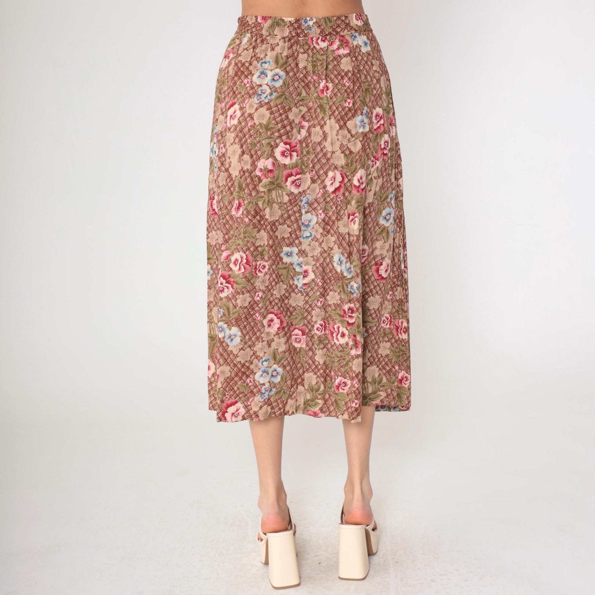 90s Sag Harbor Floral Midi Skirt Brown Checkered Button Front Medium M
