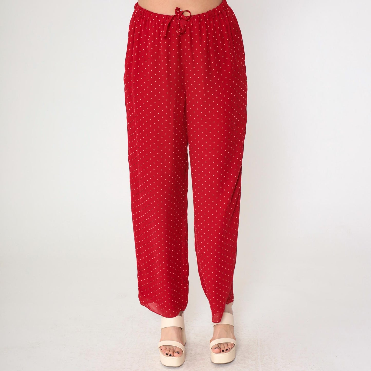 Y2K Ralph Lauren Red Silk Polka Dot Pull-On Trousers Wide Leg Medium M