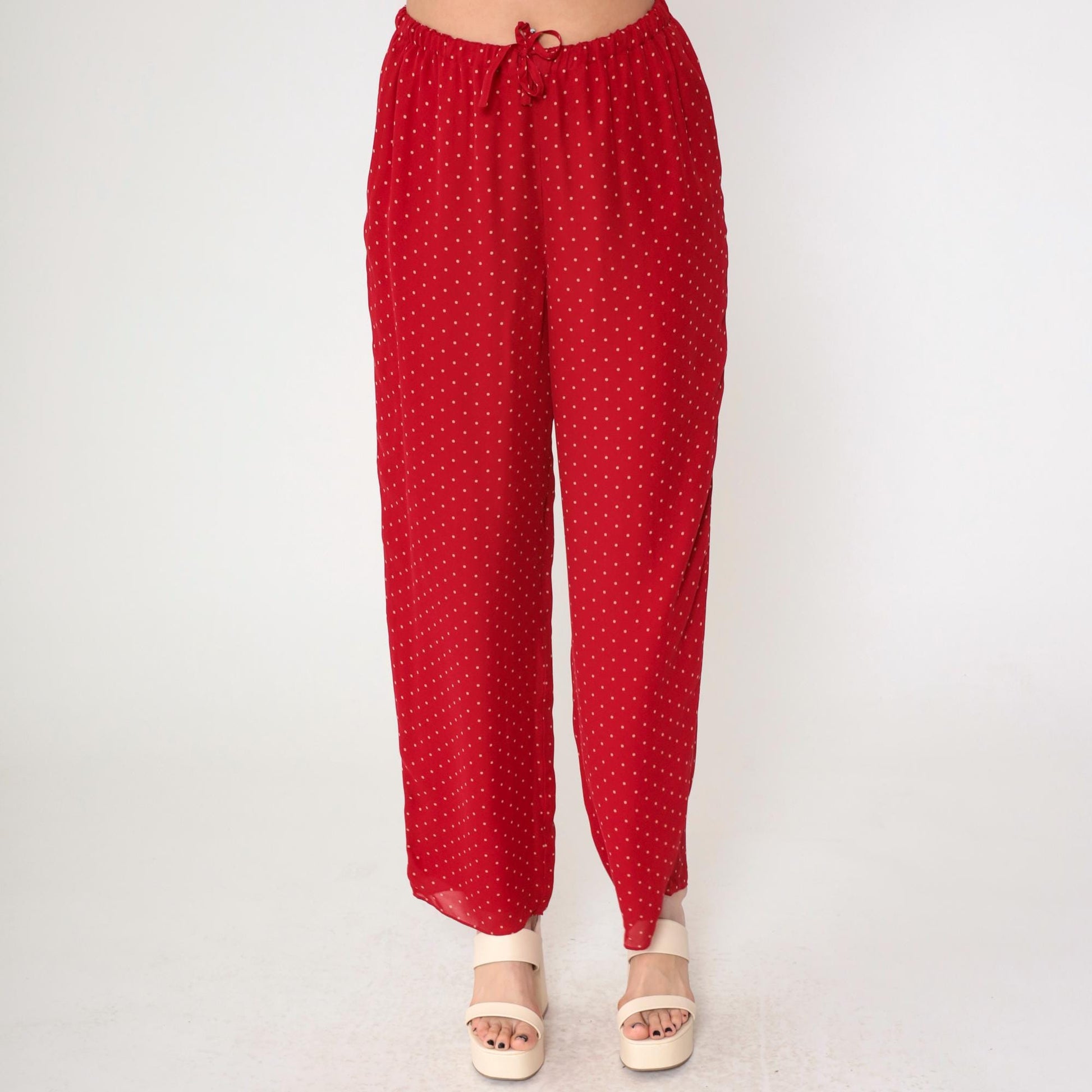 Y2K Ralph Lauren Red Silk Polka Dot Pull-On Trousers Wide Leg Medium M