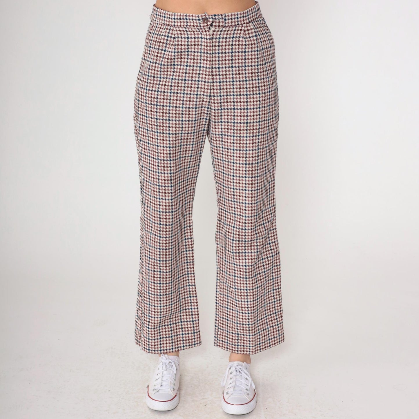 70s Houndstooth Flared Trousers Burgundy Navy High Waisted Bell Bottoms Medium