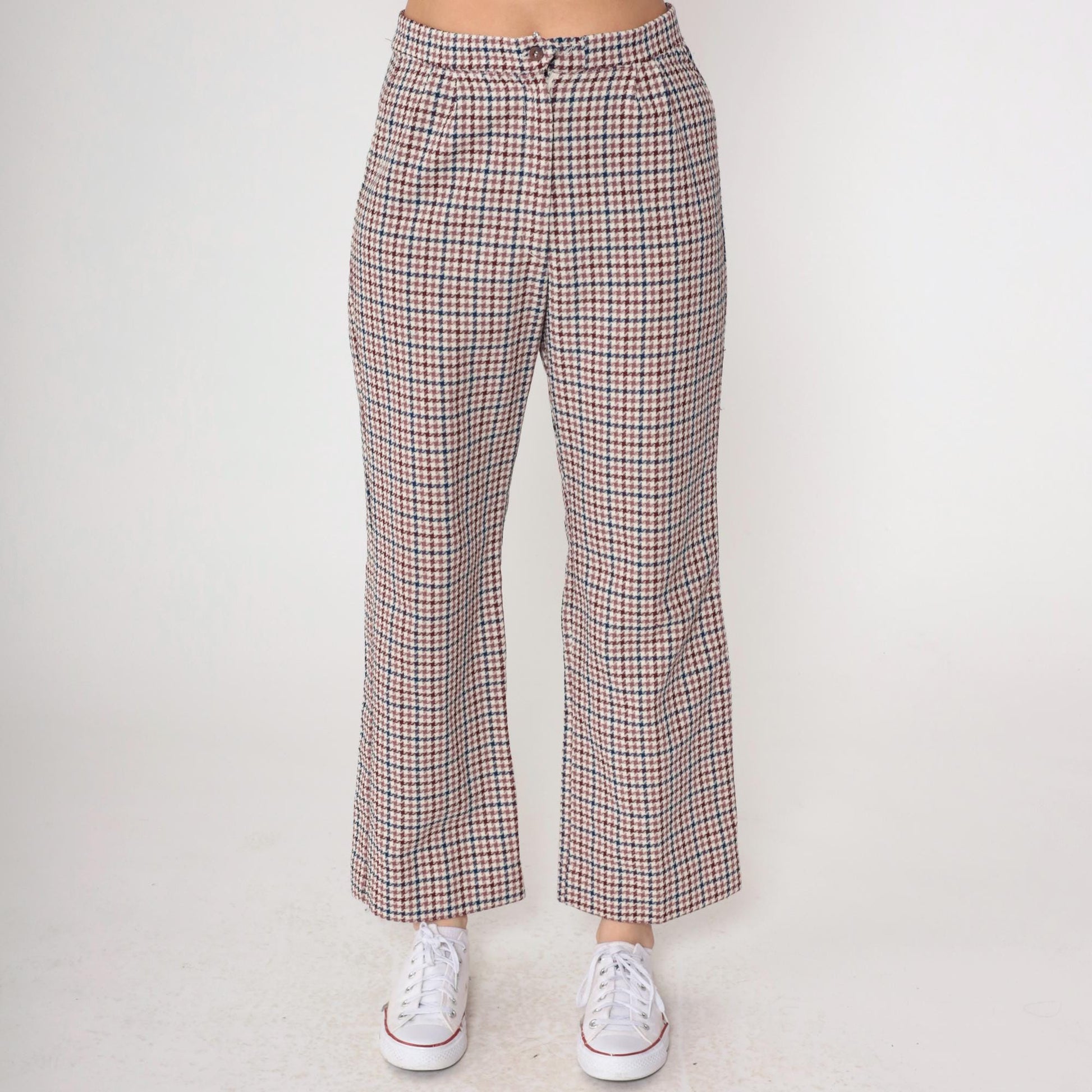 70s Houndstooth Flared Trousers Burgundy Navy High Waisted Bell Bottoms Medium