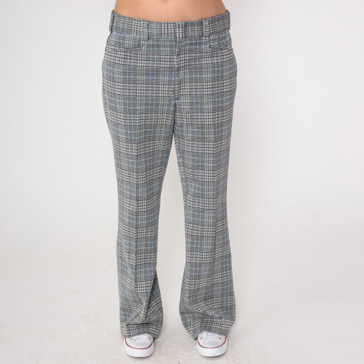 70s Navy Plaid Bell Bottom Trousers High Waisted Flared Pants Large 36