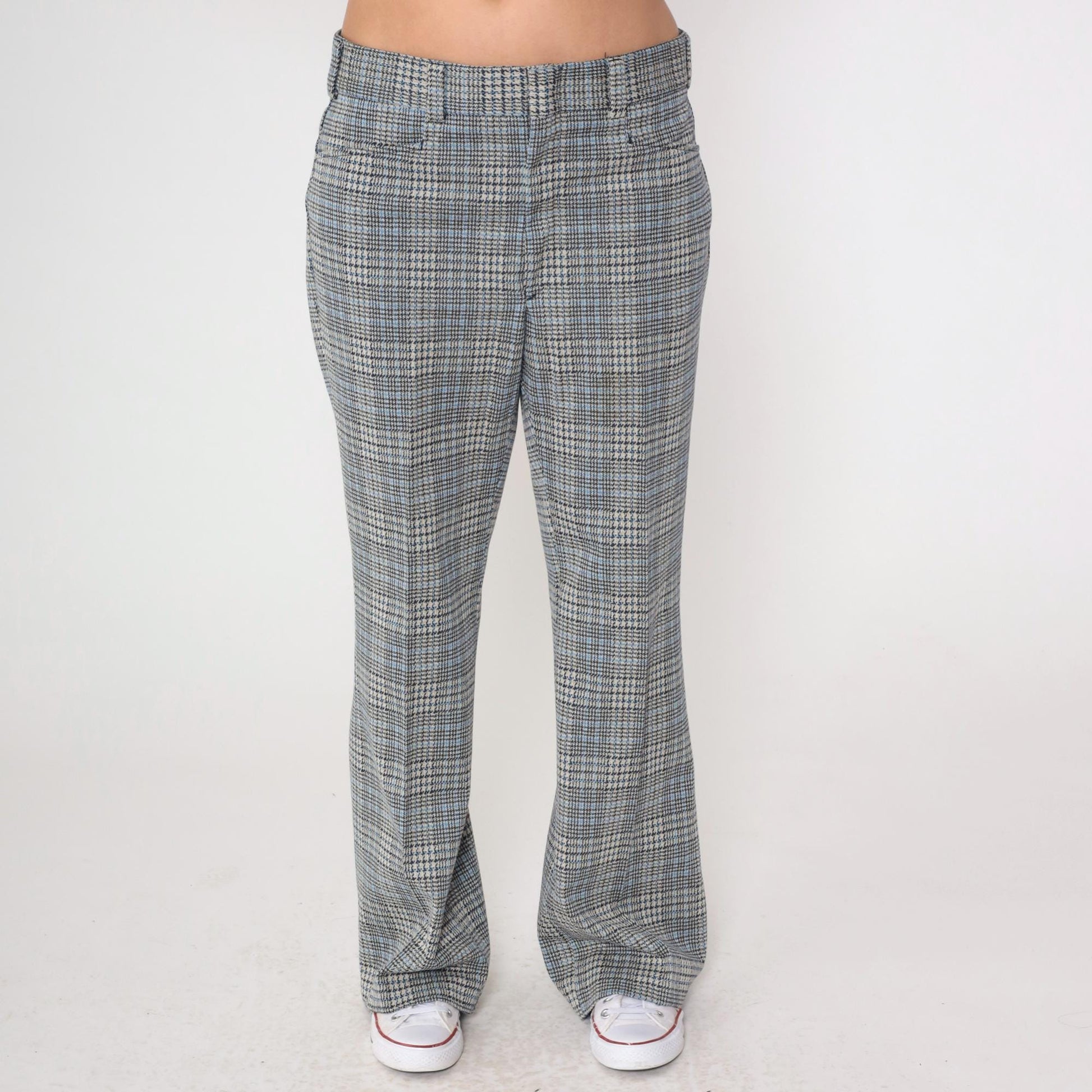 70s Navy Plaid Bell Bottom Trousers High Waisted Flared Pants Large 36
