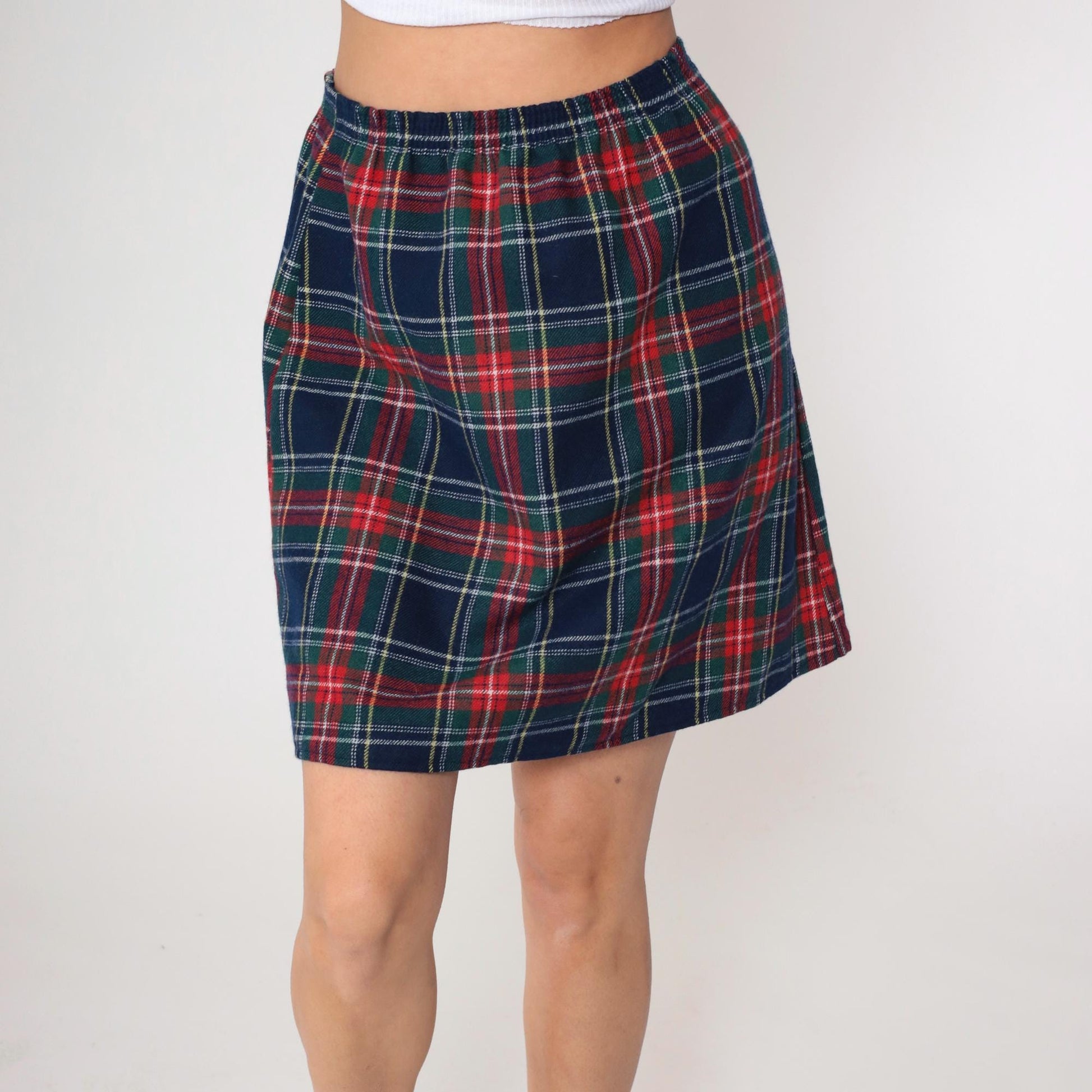 80s Plaid Mini Skirt Navy Red Green Elastic Waist Straight Pencil Medium