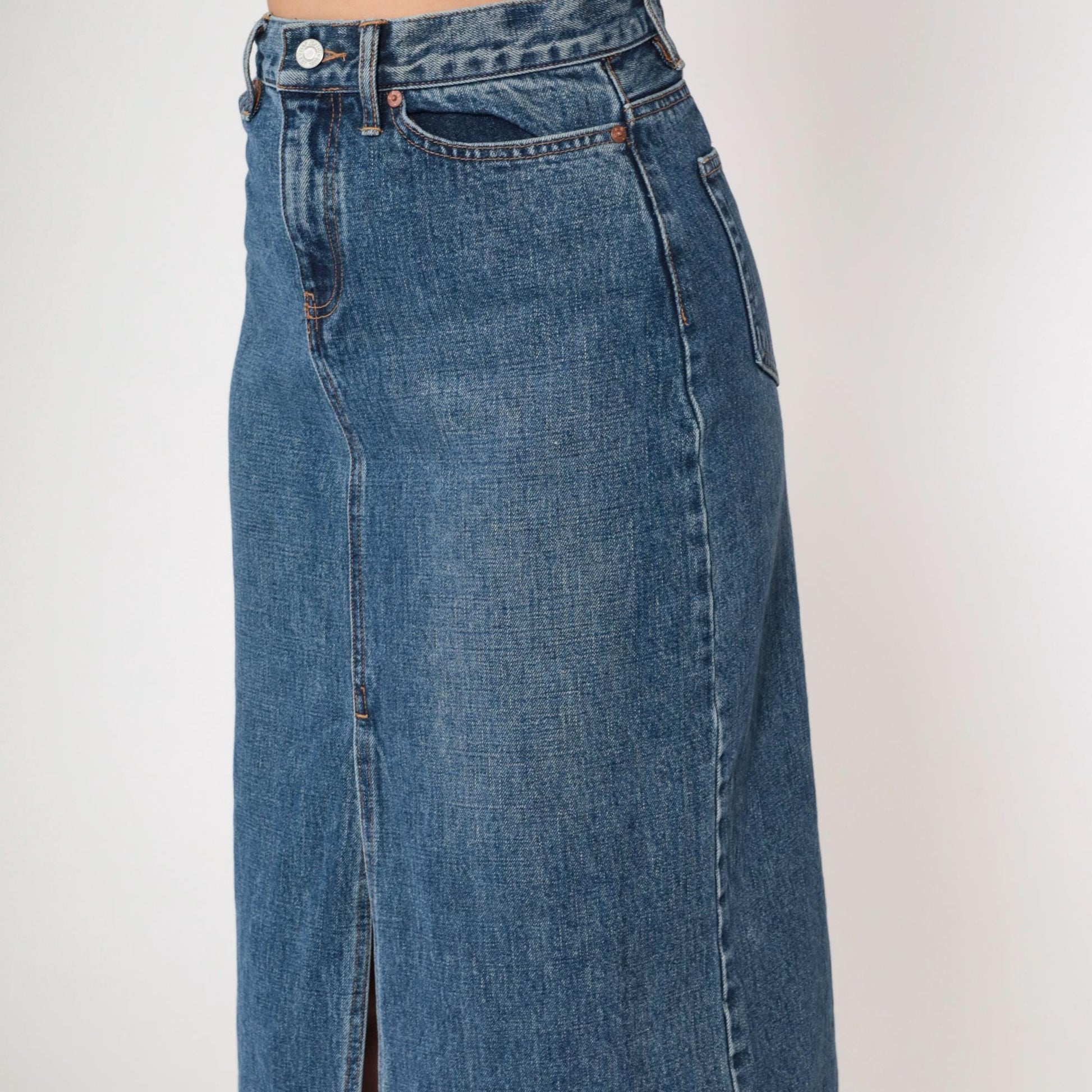 Y2K Gap Denim Midi Skirt High Front Slit Blue Jean Small 4