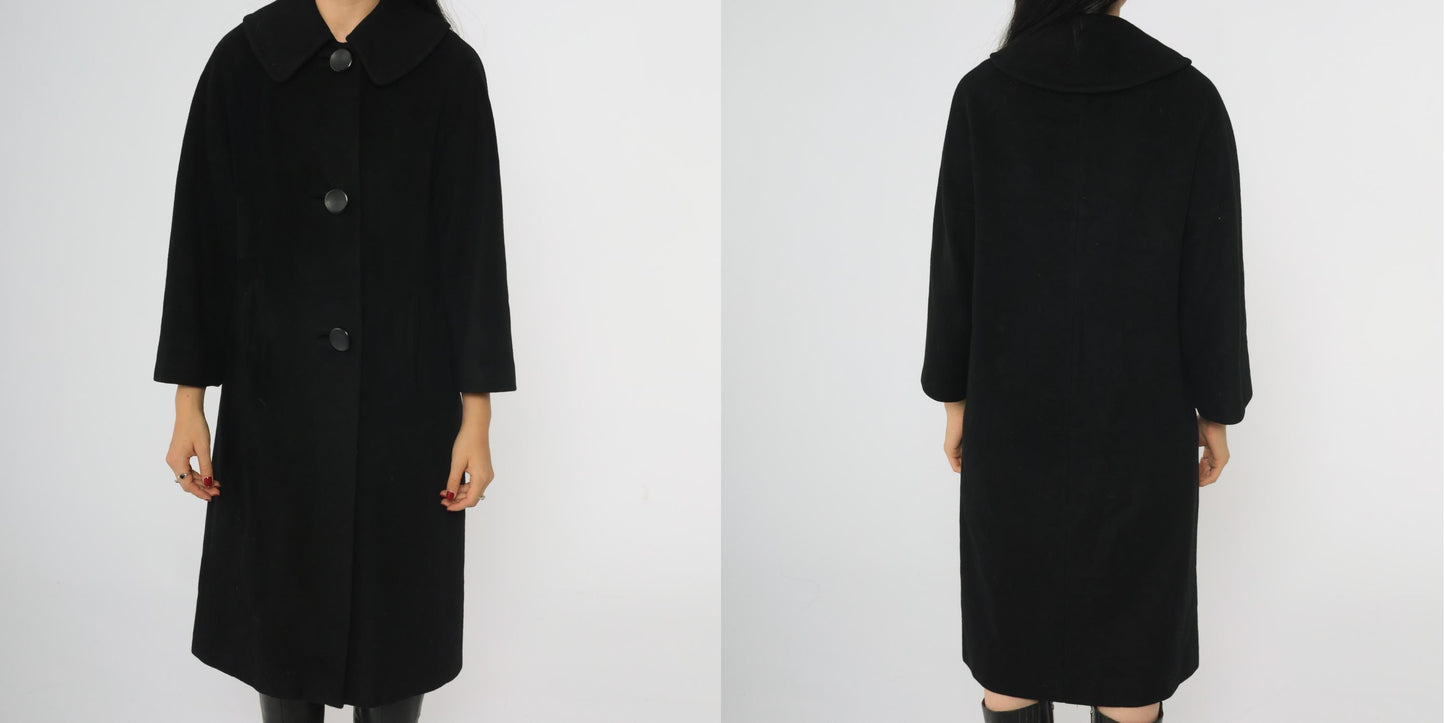 1950s Couture Americana Black Cashmere Swing Coat Midi Small Medium