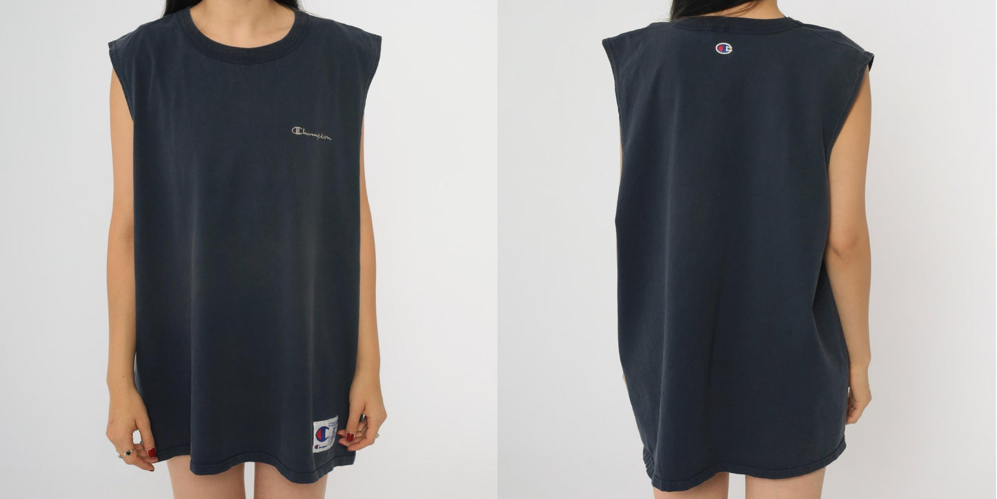 90s Champion Muscle Tank Navy Blue Embroidered Script Extra Large XL