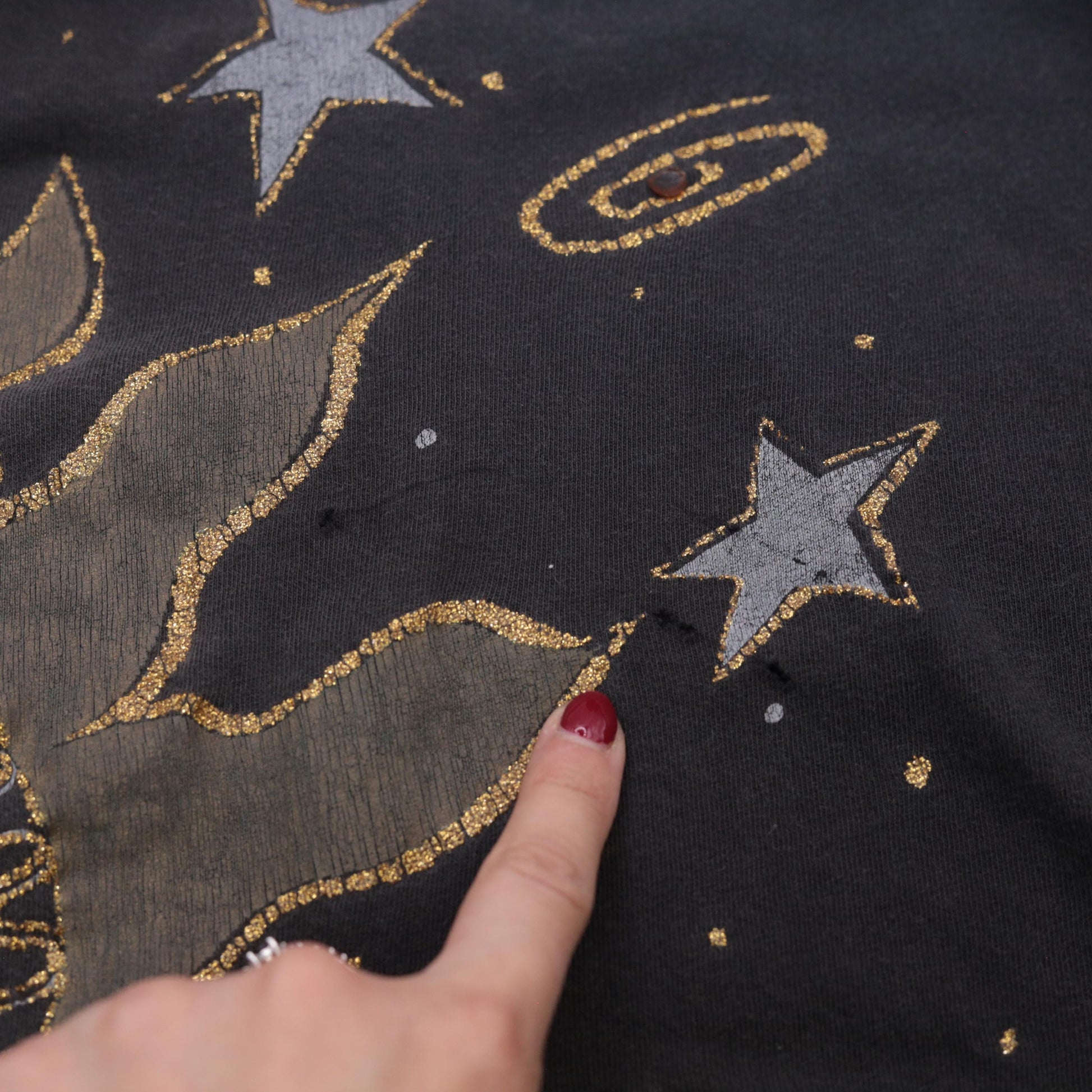 90s Celestial Sun Moon Graphic T-Shirt Metallic Gold Silver Beaded One Size