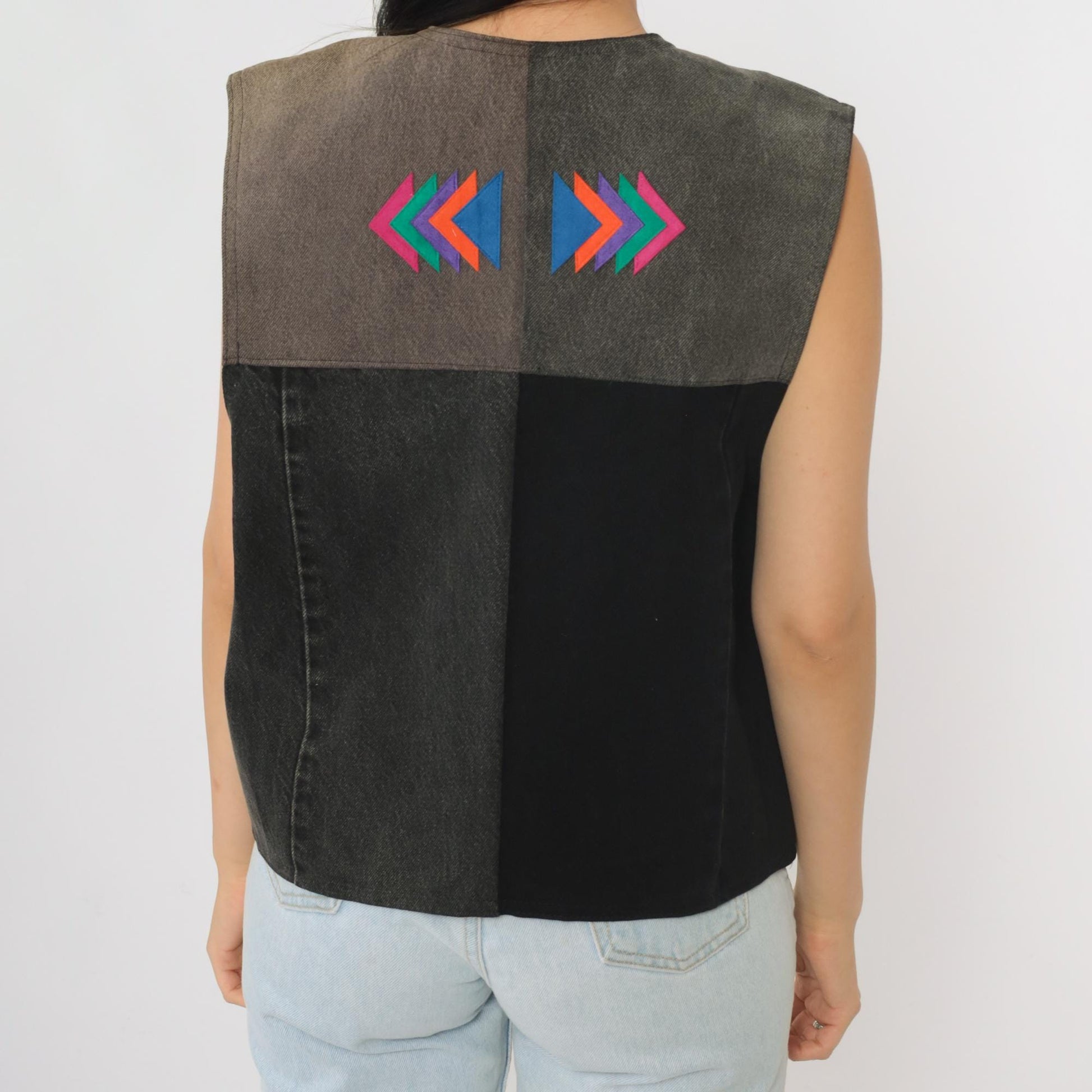 90s Southwestern Denim Vest Acid Wash Grey Black Deep V Neck Medium M
