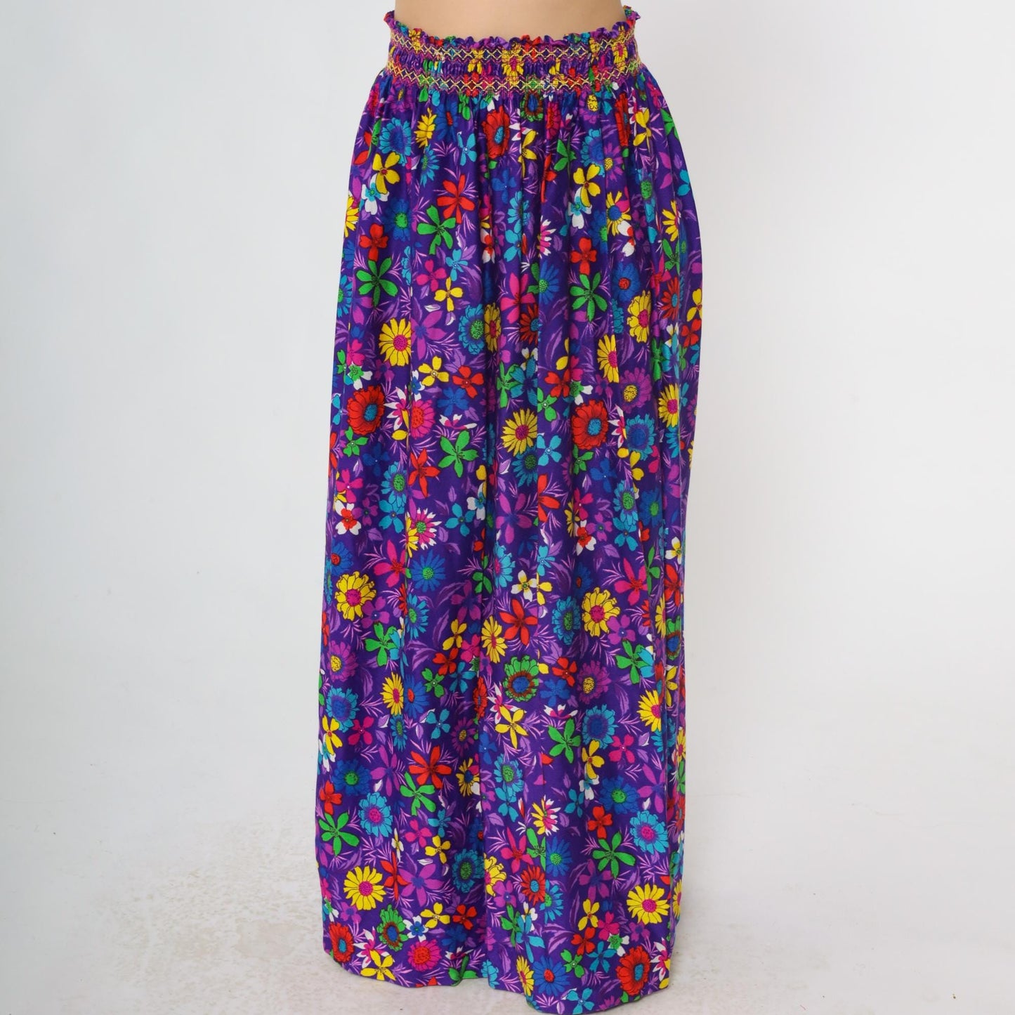 70s Rainbow Floral Maxi Skirt Purple High Slit Smocked Waist Small