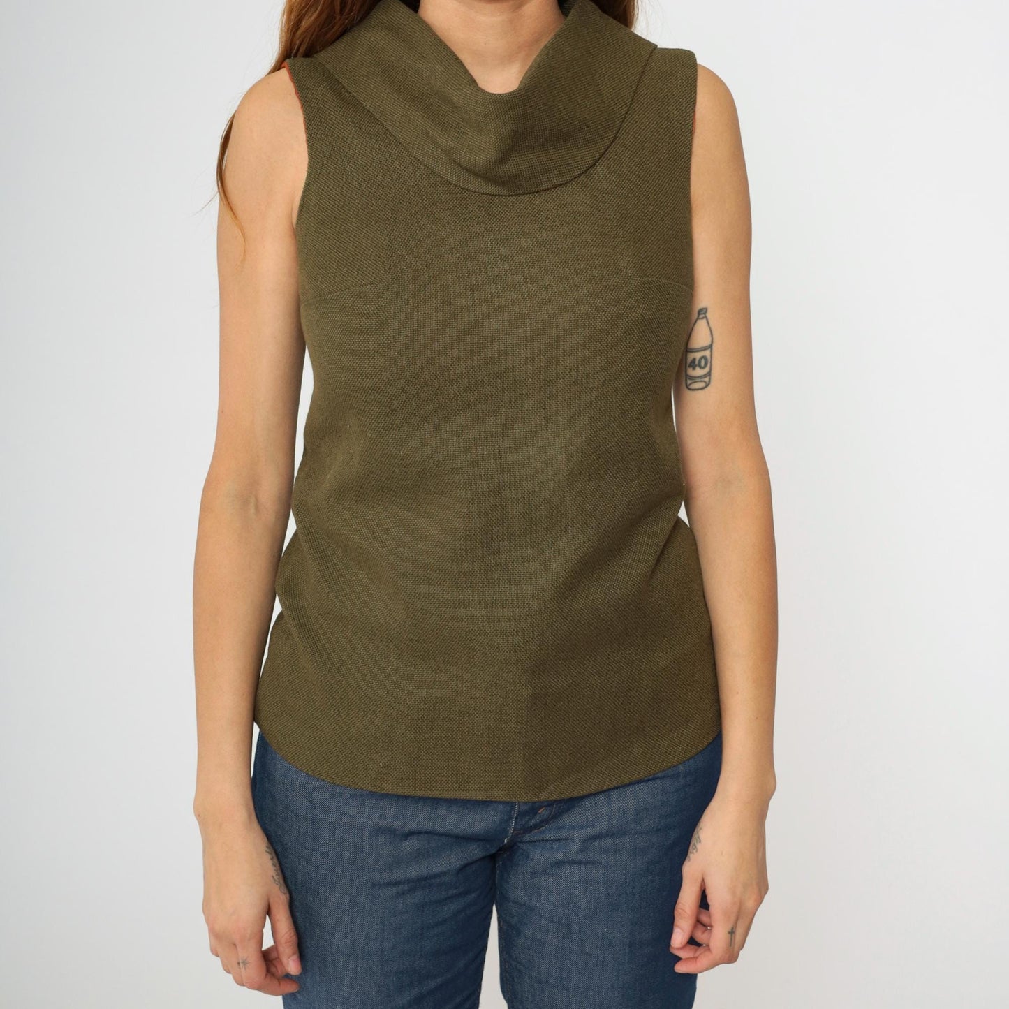 1960s Olive Brown Cowl Neck Sleeveless Woven Blouse Extra Small XS