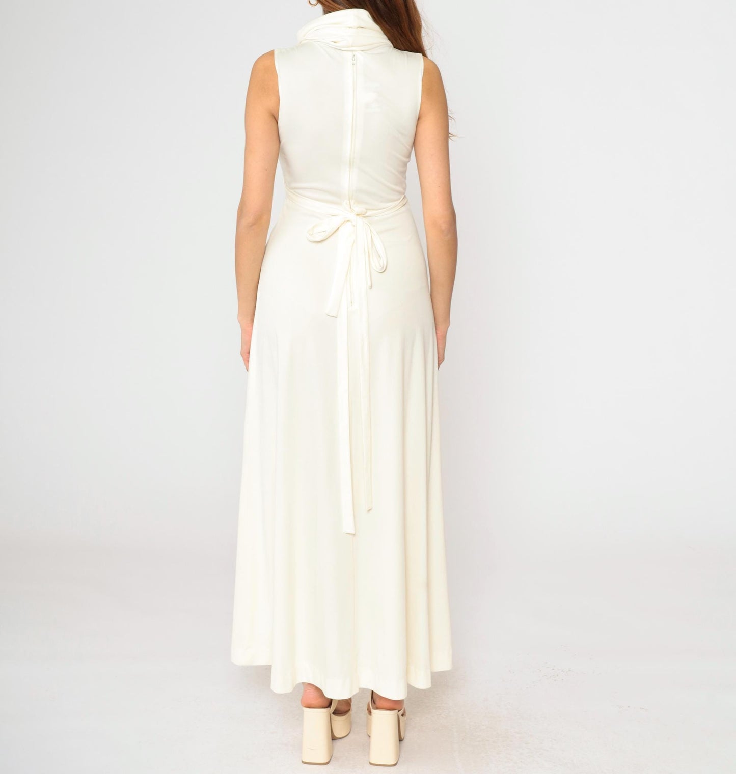 1970s White Maxi Dress Cowl Neck Cap Sleeve High Waist Grecian Gown Extra Small