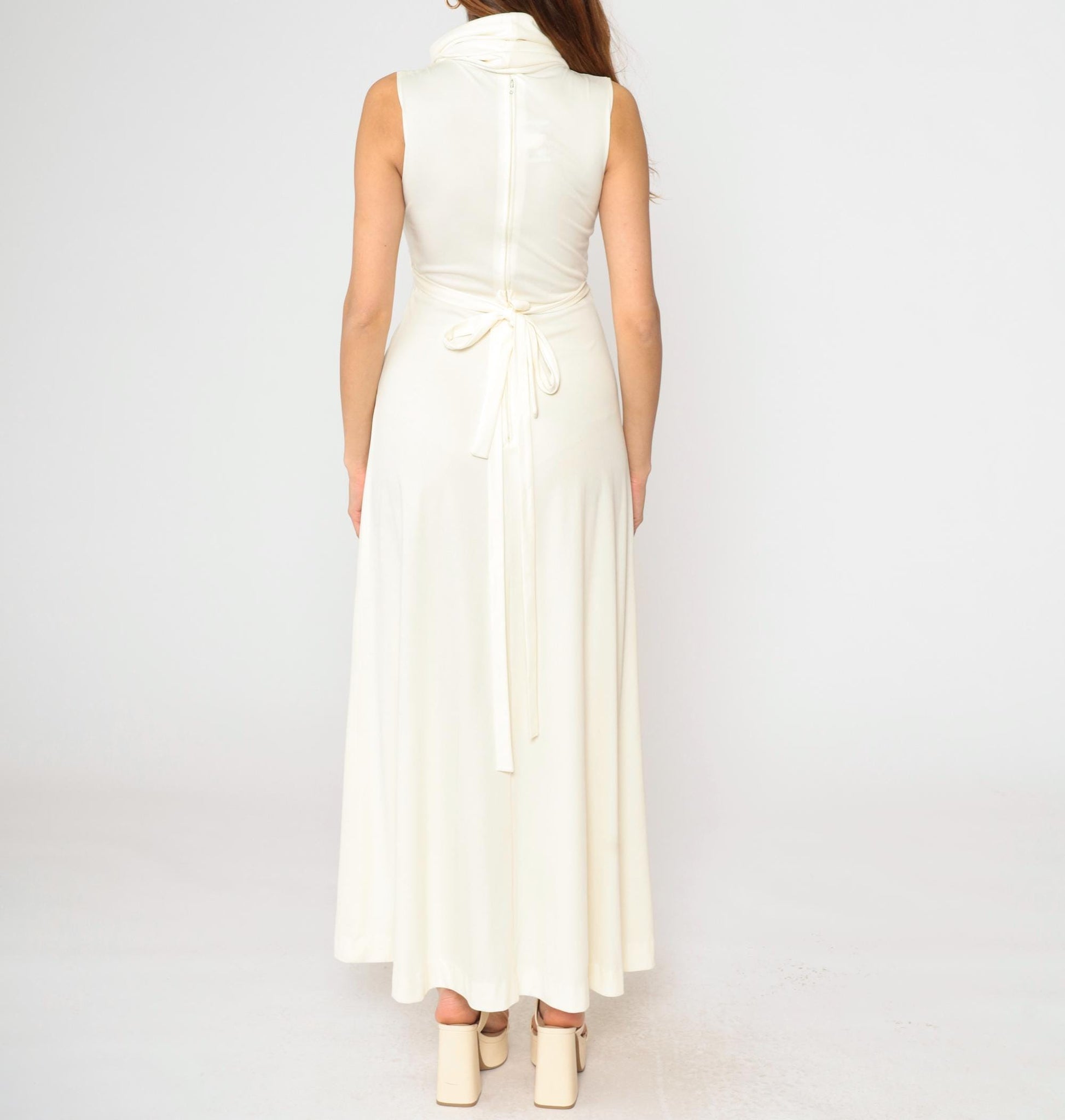 1970s White Maxi Dress Cowl Neck Cap Sleeve High Waist Grecian Gown Extra Small