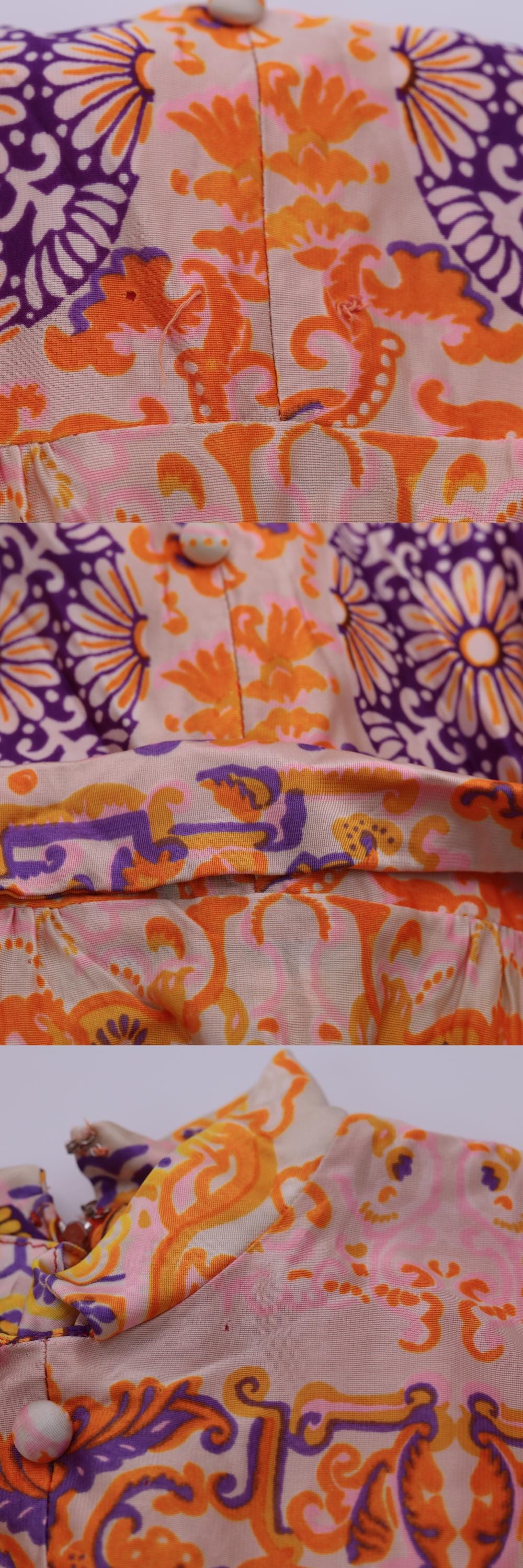 1960s Psychedelic Floral Mini Dress Mandarin Collar Long Sleeve Pink Orange Purple Small