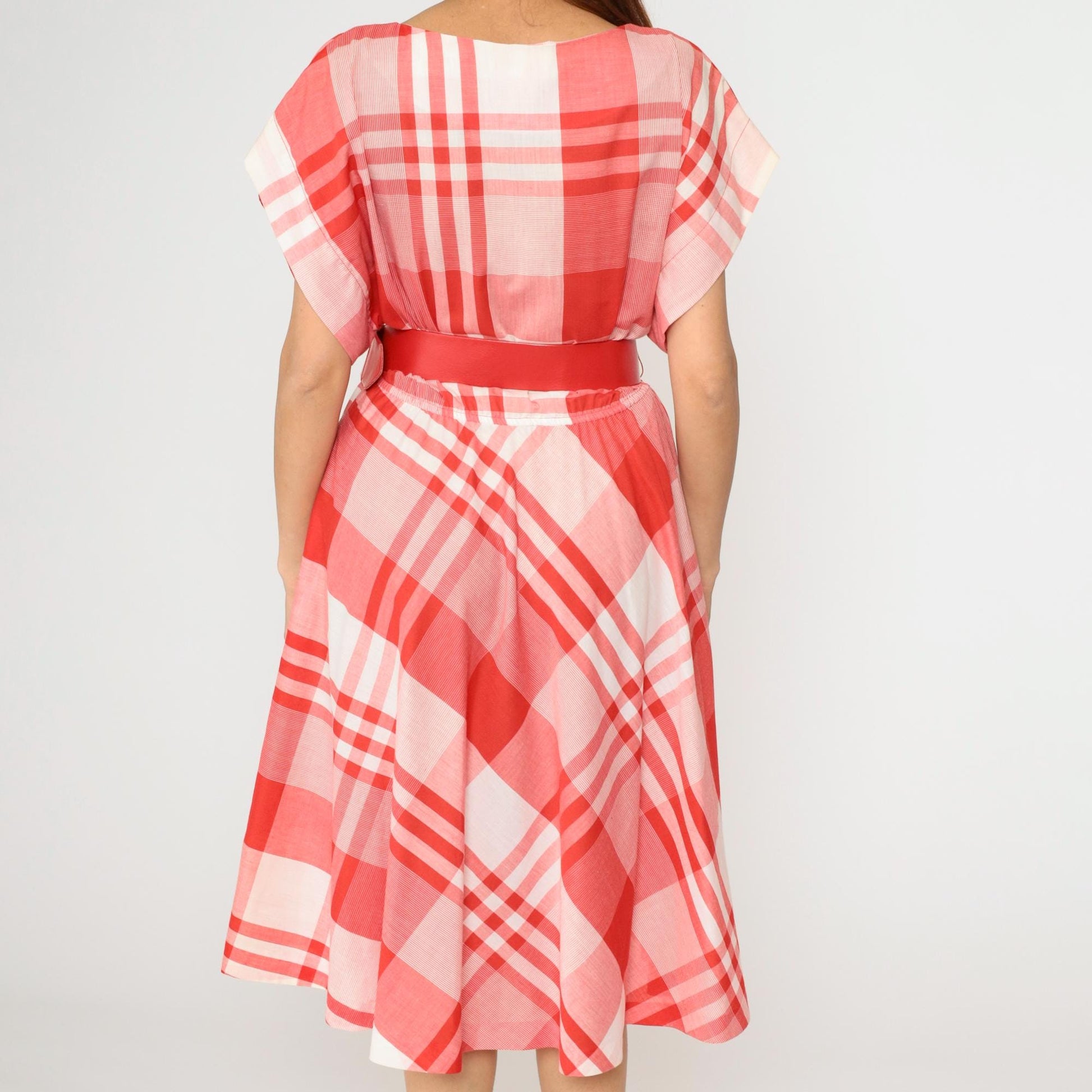 80s Red Plaid Midi Dress High Waisted Belted Cap Sleeve Medium M