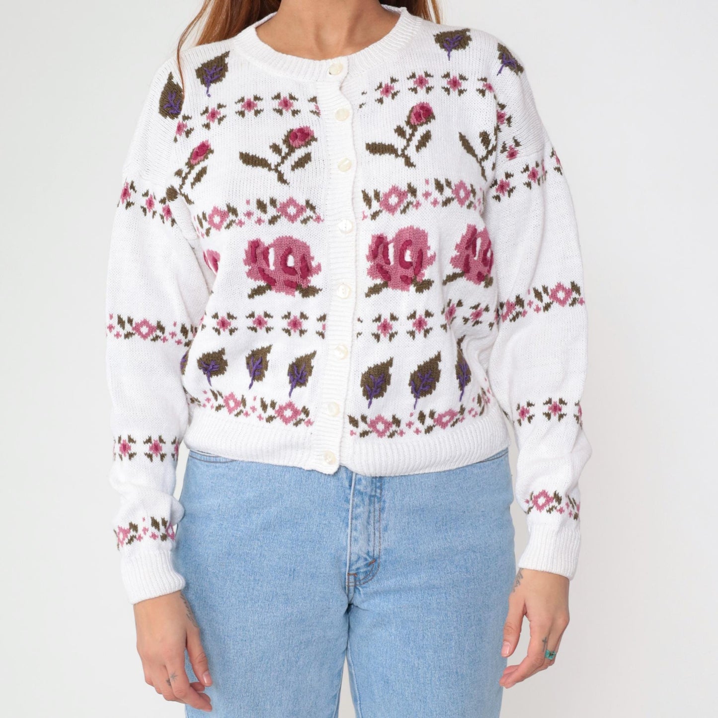 90s Ninon De Lendon Floral Cardigan White Cotton Ramie Knit Medium M