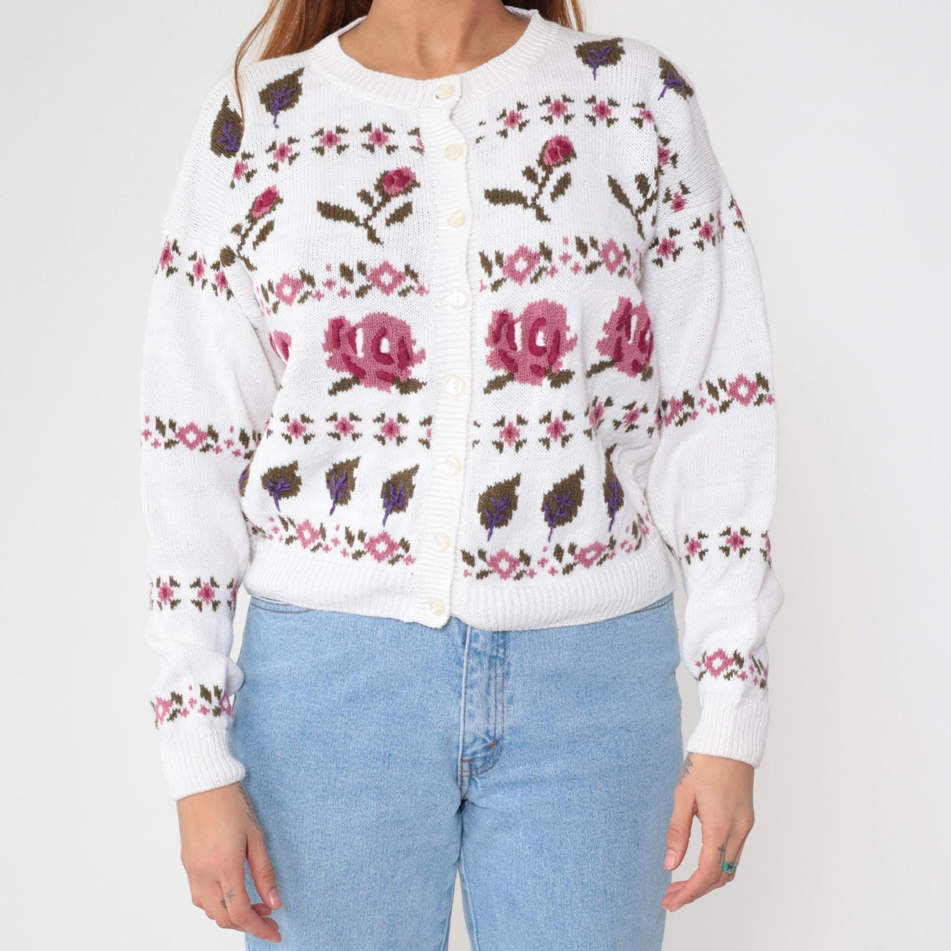 90s Ninon De Lendon Floral Cardigan White Cotton Ramie Knit Medium M