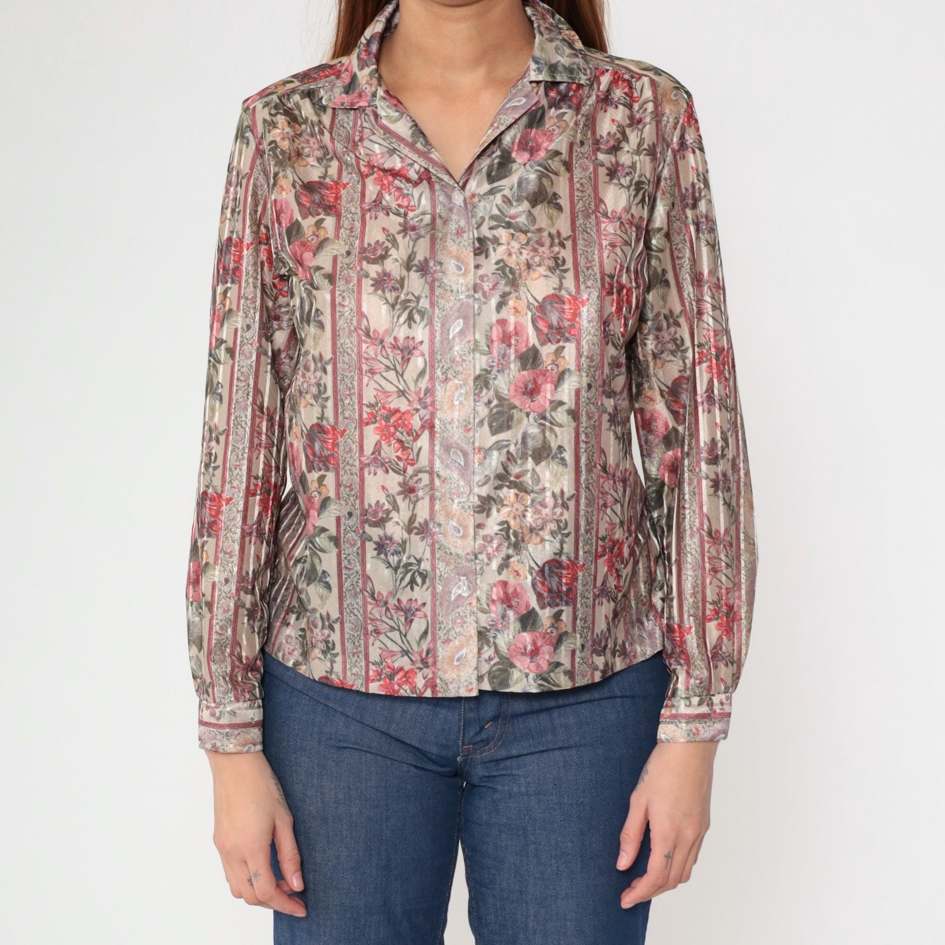 80s Beverley of California Striped Floral Button-Up Blouse Beige Red Medium