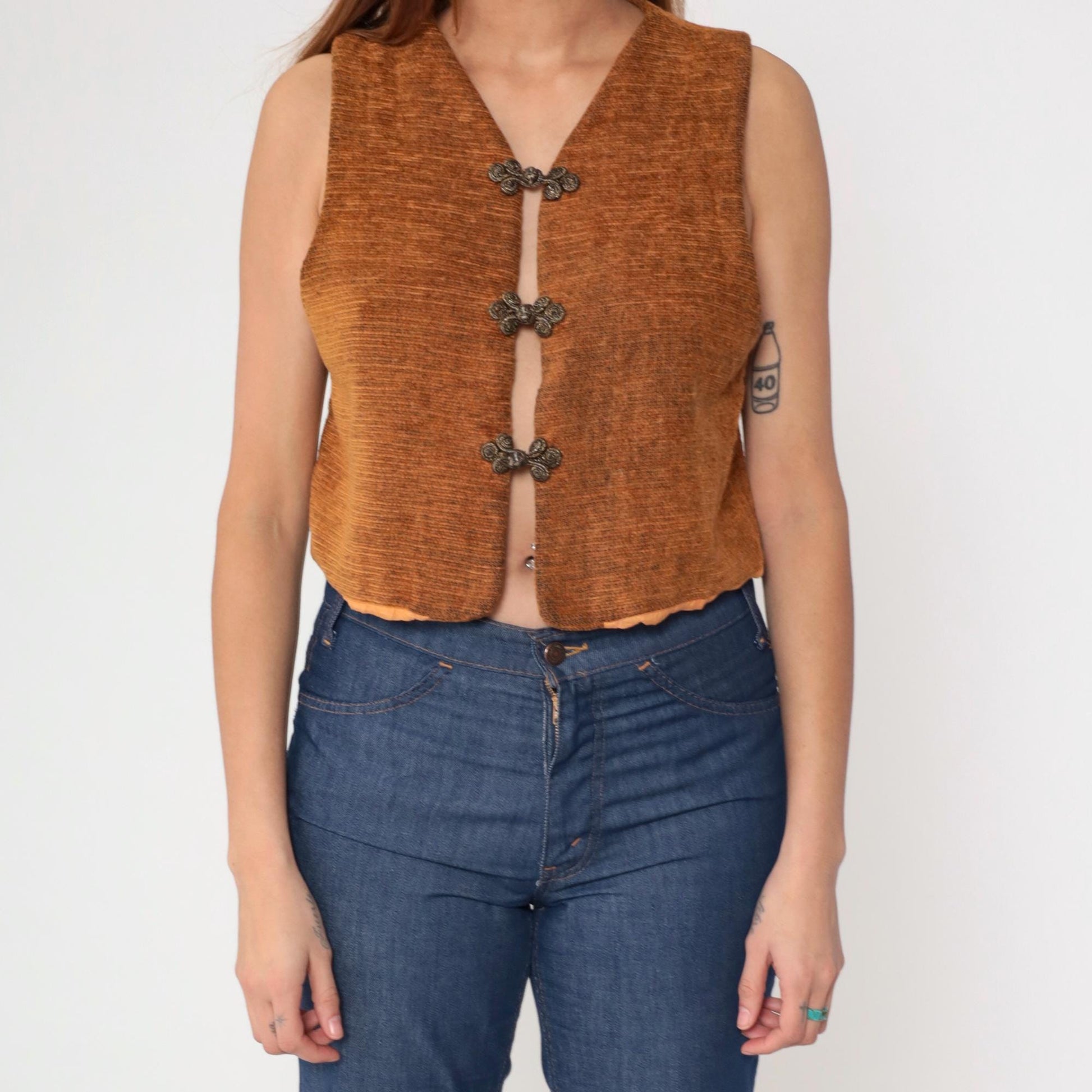 90s Burnt Orange Frog Closure Cropped Vest Woven Chinese Knot Medium