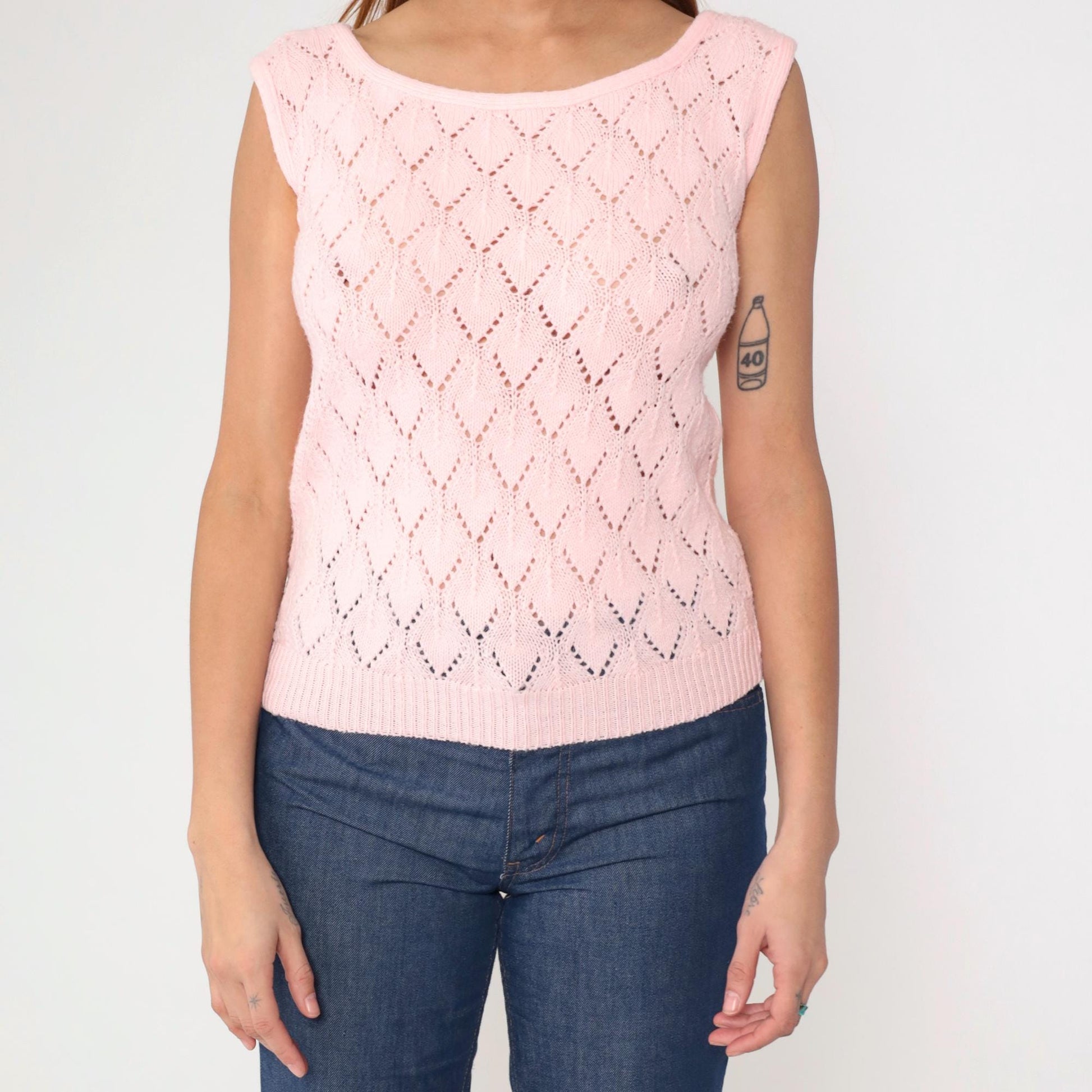 70s Pink Pointelle Knit Sleeveless Vest Wide Neckline Small